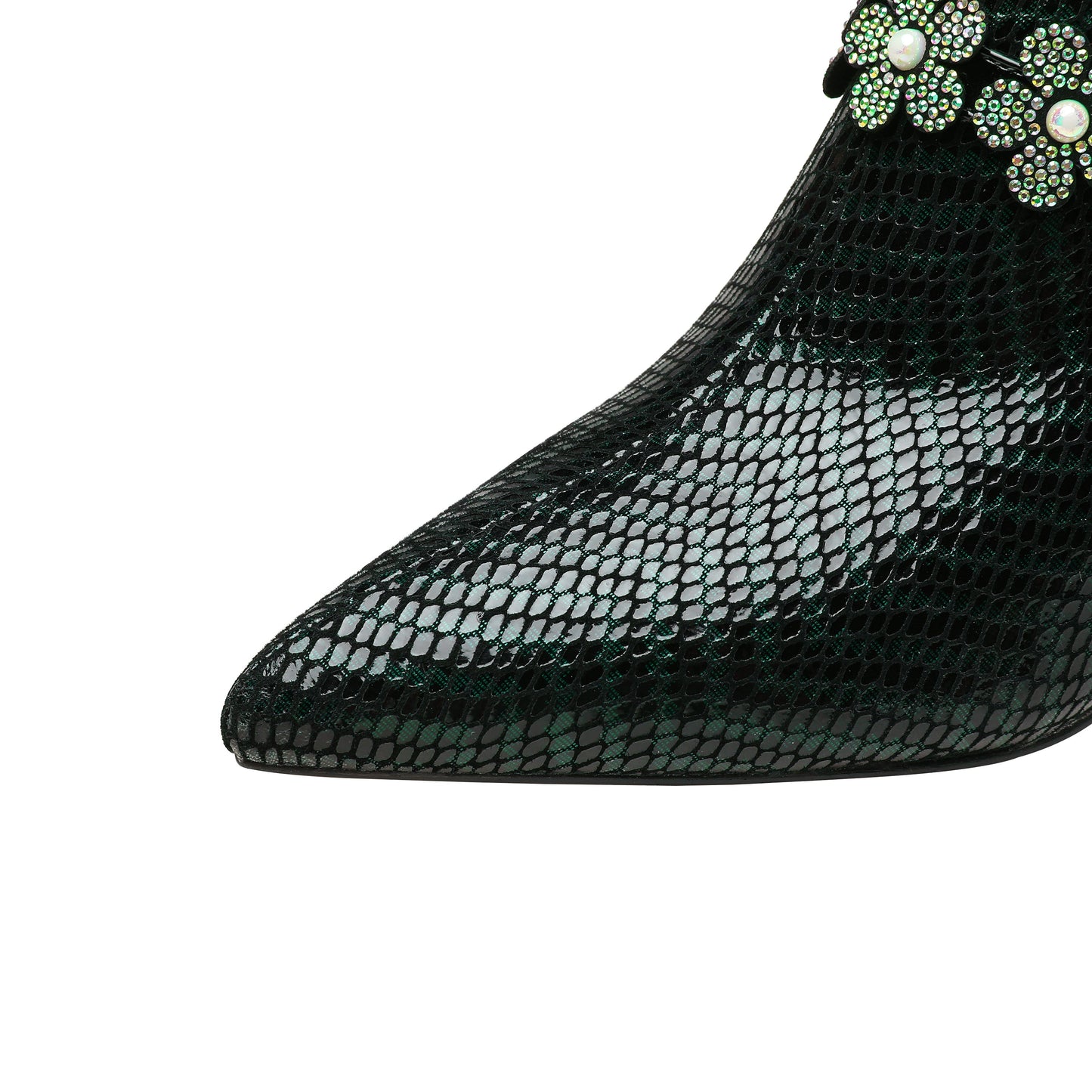 Nine Seven Printing Genuine Leather Women's Pointed Toe Handmade Flower Décor Side Zip Up Unique Mid Chunky Heels