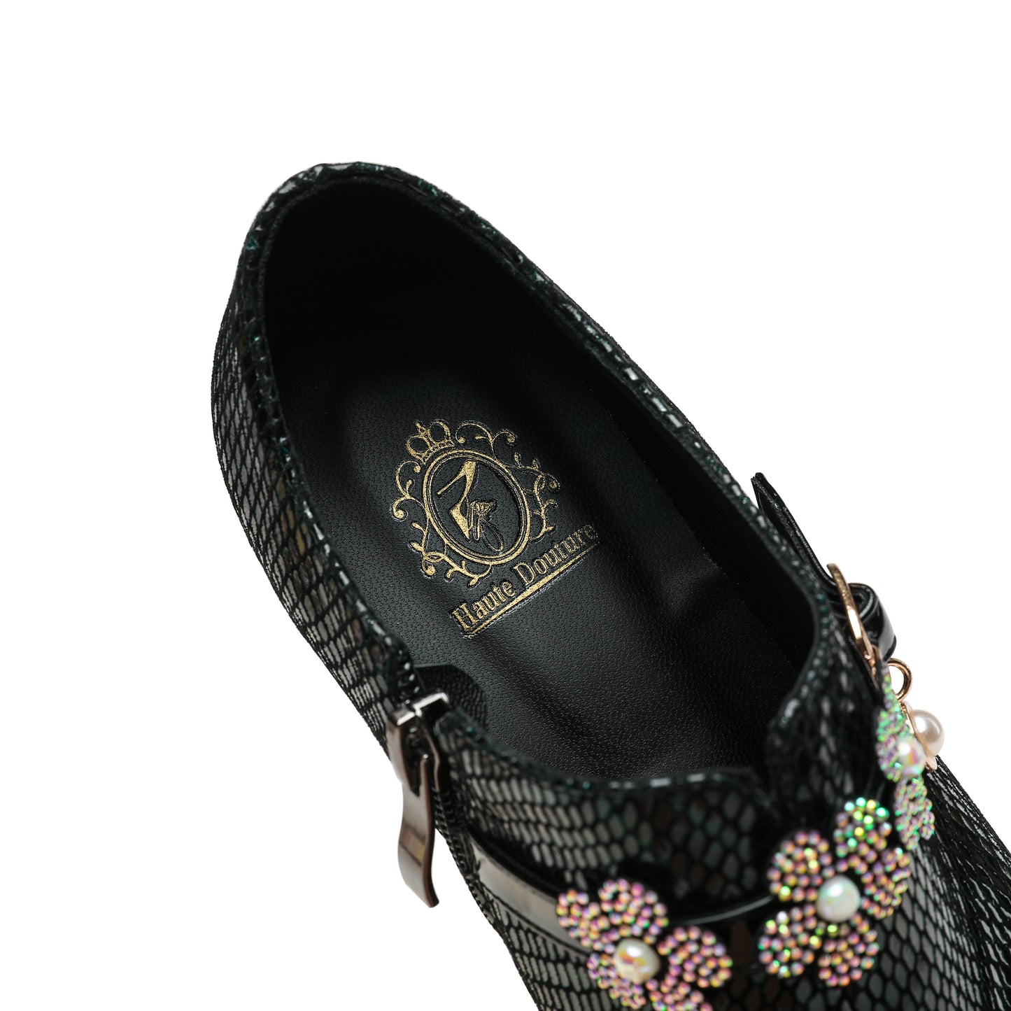 Nine Seven Printing Genuine Leather Women's Pointed Toe Handmade Flower Décor Side Zip Up Unique Mid Chunky Heels