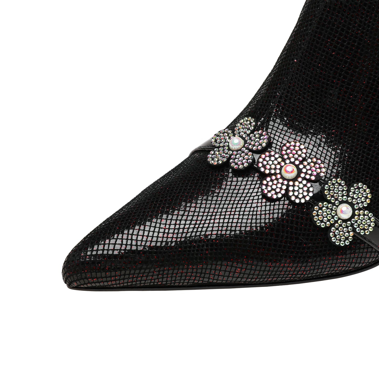 Nine Seven Women's Pointed Toe Genuine Leather Handmade Flower Décor Side Zip Up Mid Chunky Heels Shoes