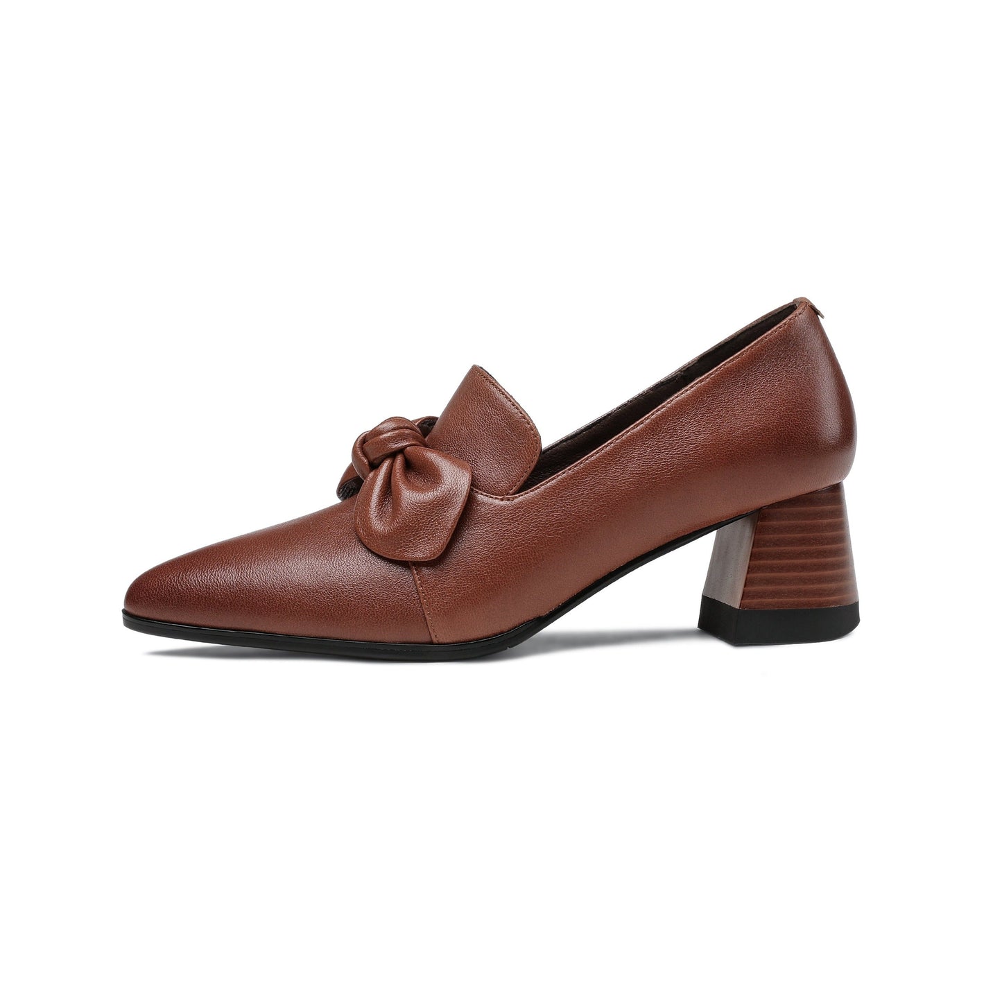 Nine Seven Handmade Women's Genuine Leather Bowknot Slip On Pointed Toe Mid Chunky Heel Pumps Shoes