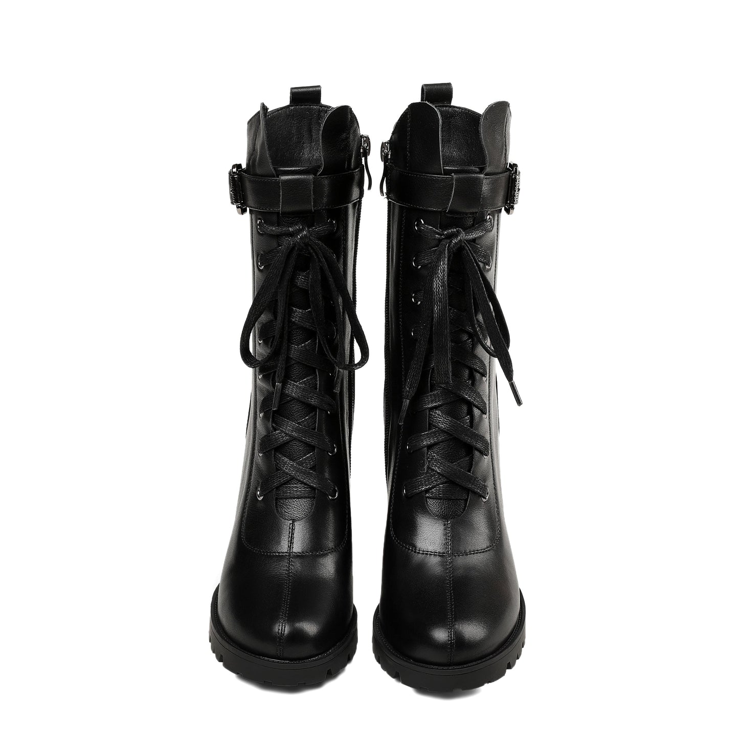 Nine Seven Women's Round Toe Genuine Leather Selftie Zip Up Hnadmade High Chunky Heels Boots with Buckle