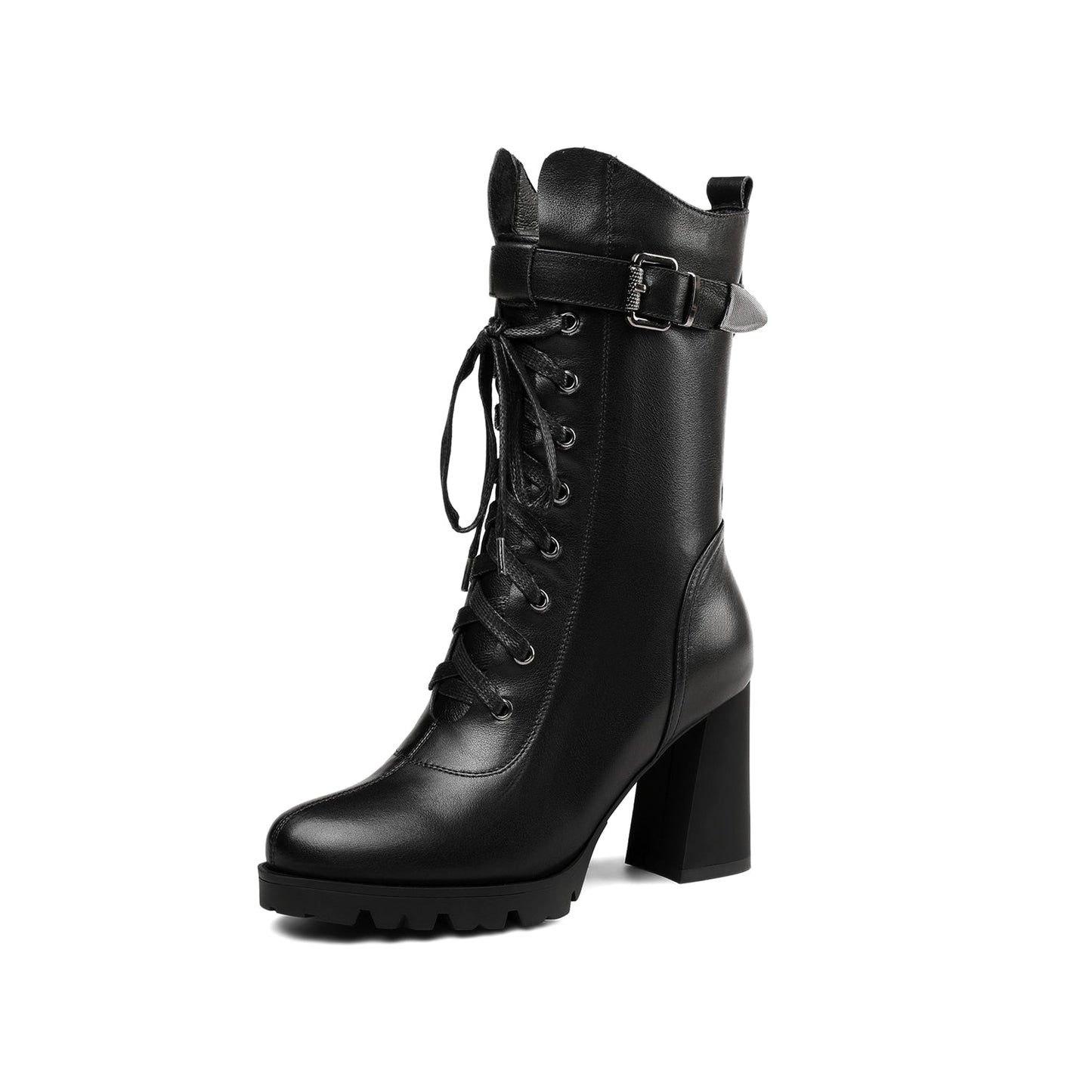 Nine Seven Women's Round Toe Genuine Leather Selftie Zip Up Hnadmade High Chunky Heels Boots with Buckle