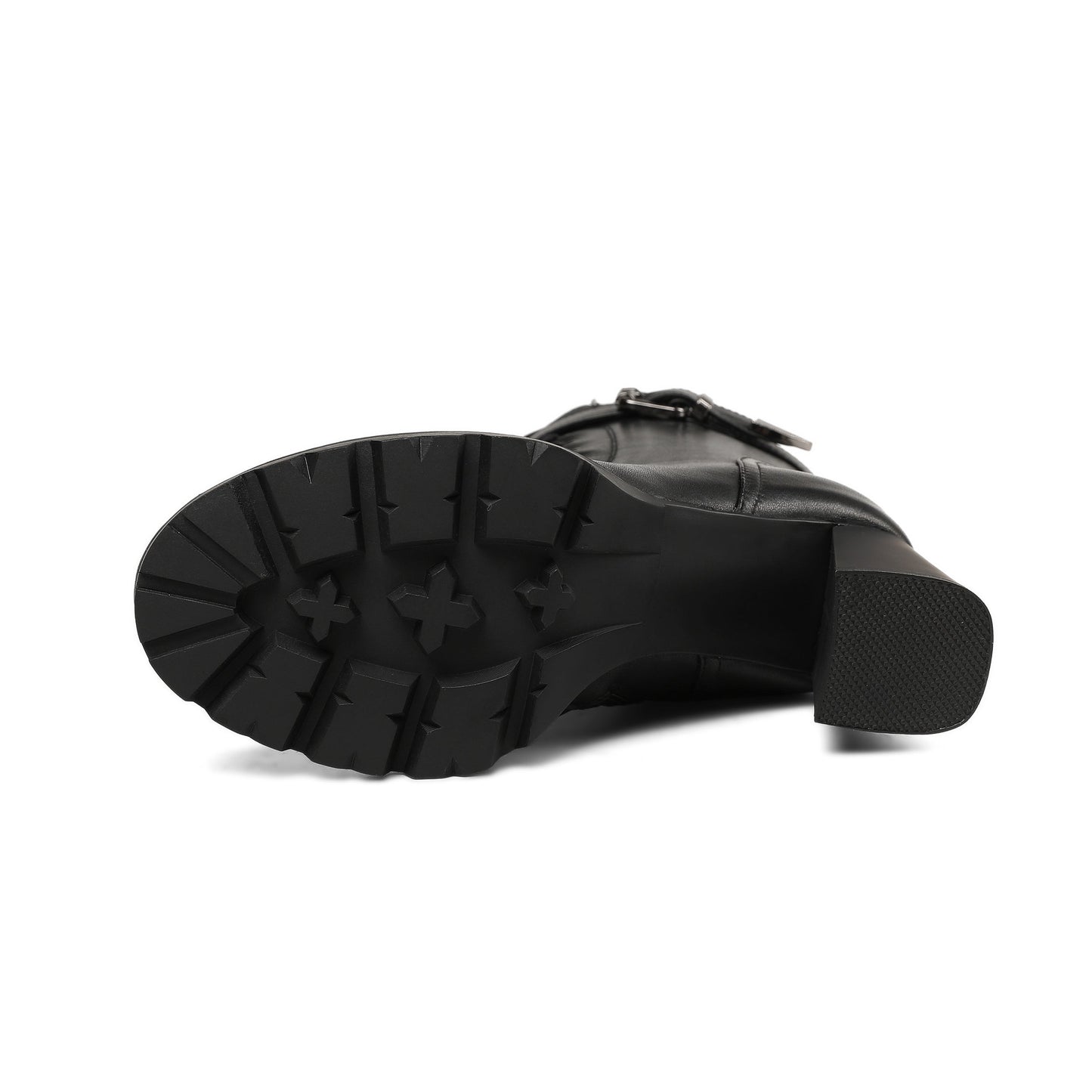 Nine Seven Women's Round Toe Genuine Leather Selftie Zip Up Hnadmade High Chunky Heels Boots with Buckle