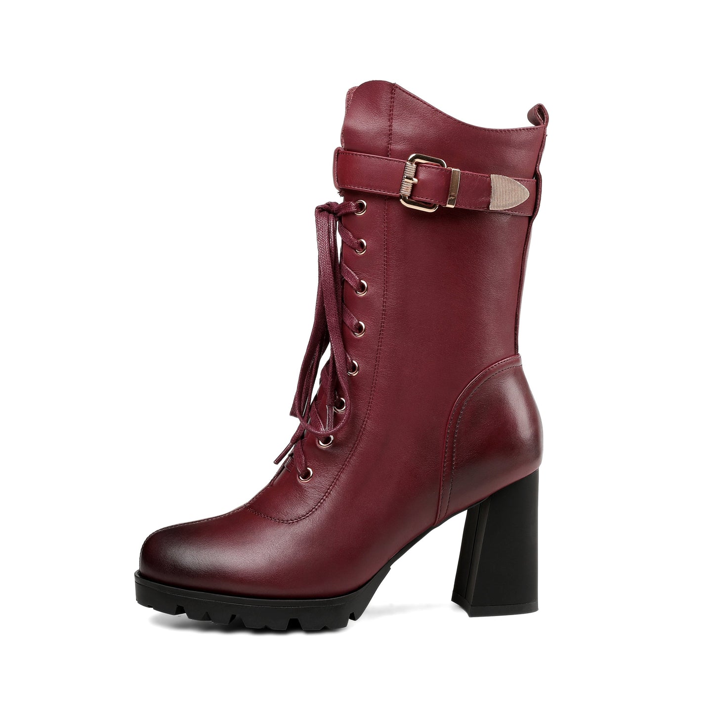 Nine Seven Women's Round Toe Genuine Leather Selftie Zip Up Hnadmade High Chunky Heels Boots with Buckle