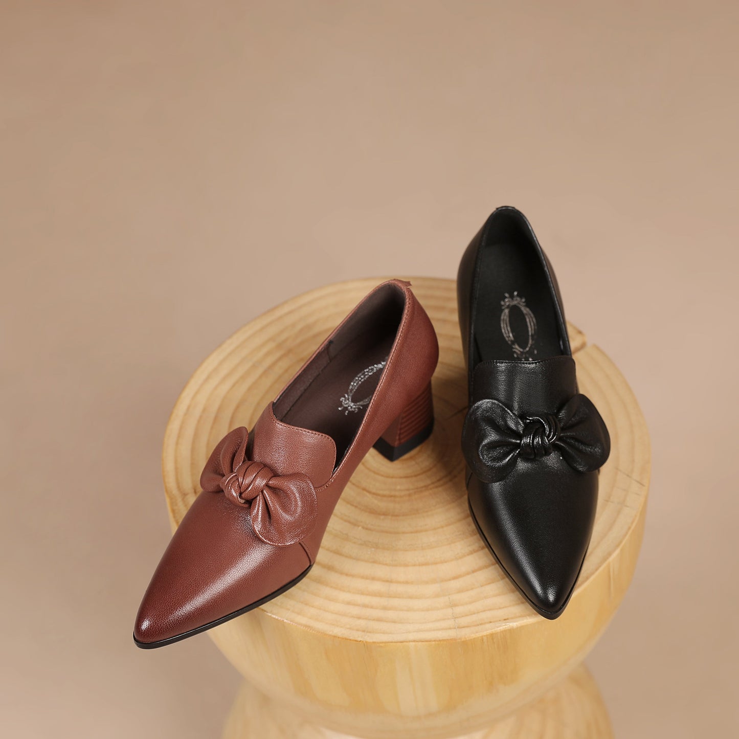 Nine Seven Handmade Women's Genuine Leather Bowknot Slip On Pointed Toe Mid Chunky Heel Pumps Shoes