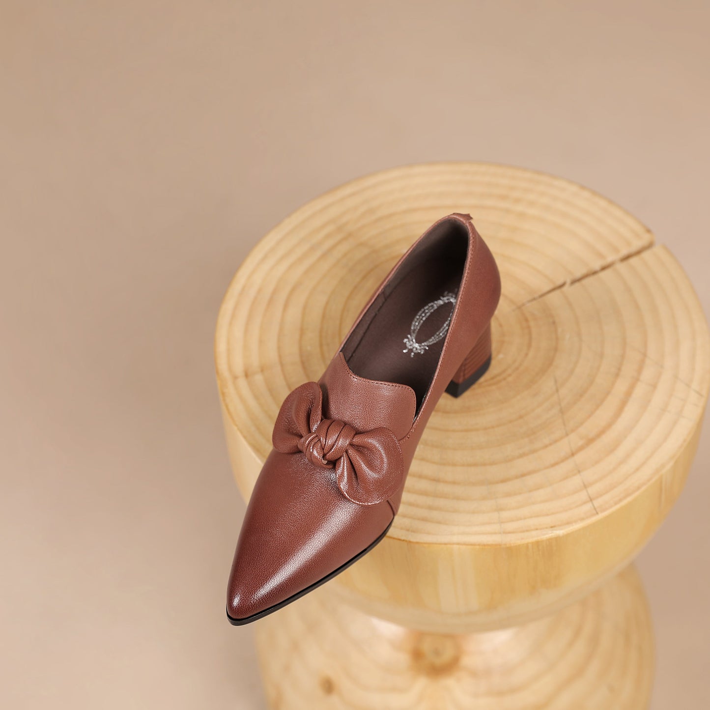 Nine Seven Handmade Women's Genuine Leather Bowknot Slip On Pointed Toe Mid Chunky Heel Pumps Shoes