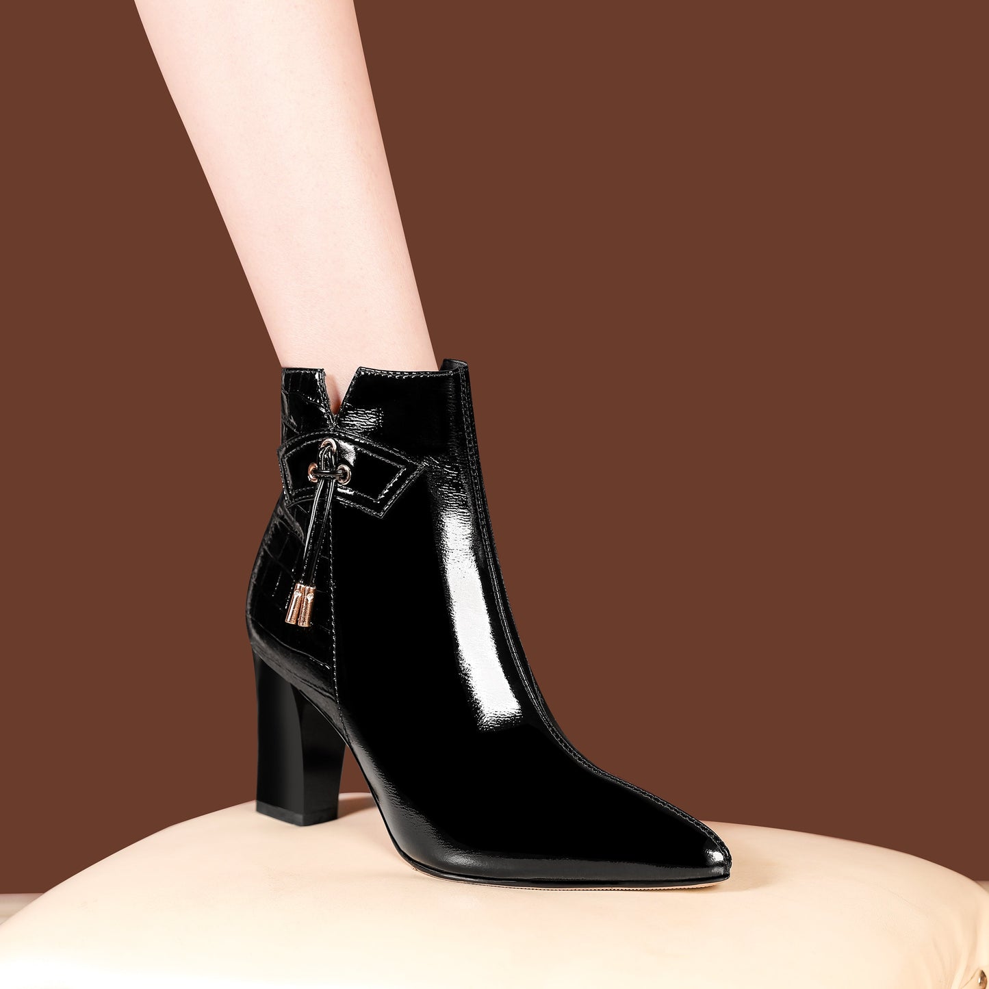 Nine Seven Women's Patent Leather Handmade Chunky Heel Pointed Toe Side Zip Up Glossy Ankle Booties