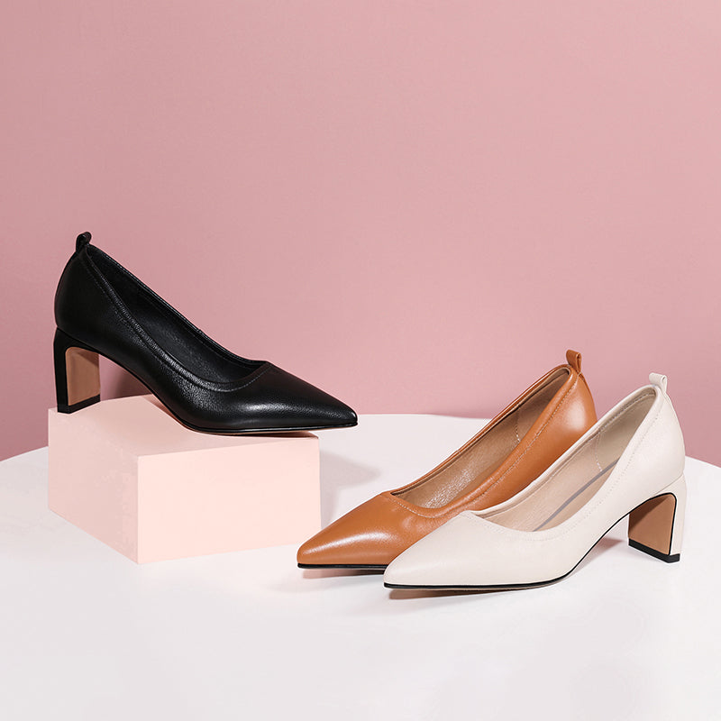 Nine Seven Women's Handmade Genuine Leather Pointed Toe Mid Block Heel Pumps Shoes