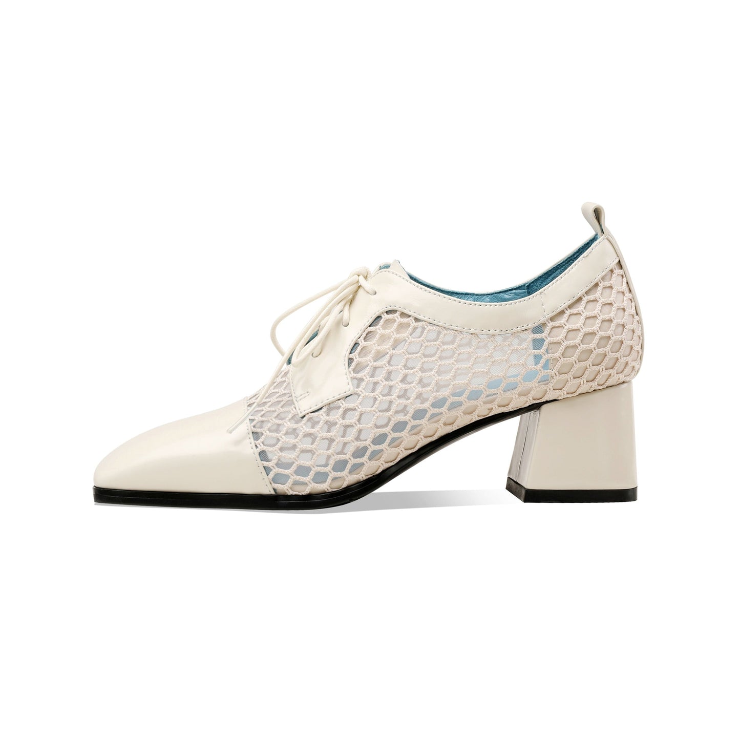 Nine Seven Women's Genuine Leather with Breathable Mesh Square Toe Handmade Lace-Up Low Chunky Heels Pumps Shoes