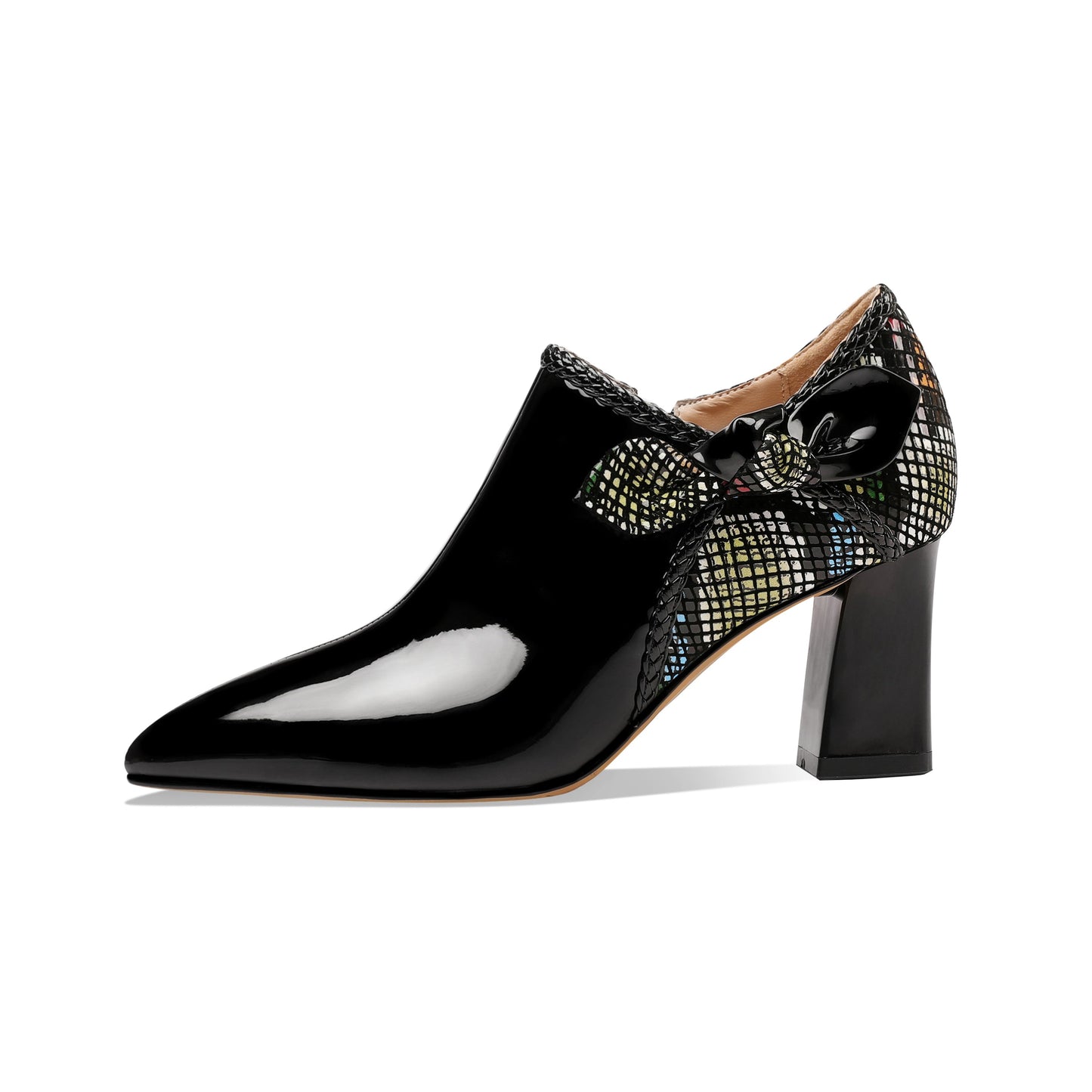 Nine Seven Women's Glossy Patent Leather Handmade Side Zip Up Block Heel Pointed Toe Cute Bow Oxford Pumps with Mesh Pattern