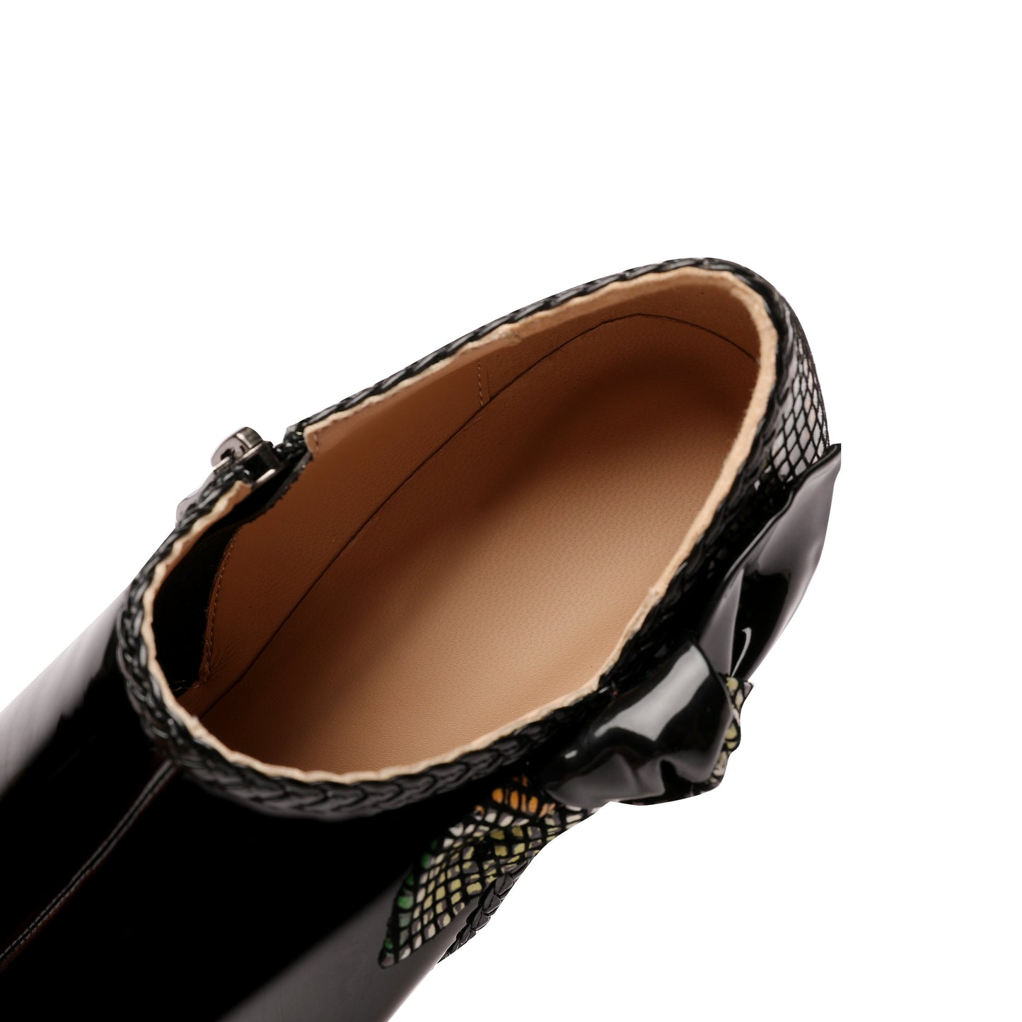 Nine Seven Women's Glossy Patent Leather Handmade Side Zip Up Block Heel Pointed Toe Cute Bow Oxford Pumps with Mesh Pattern