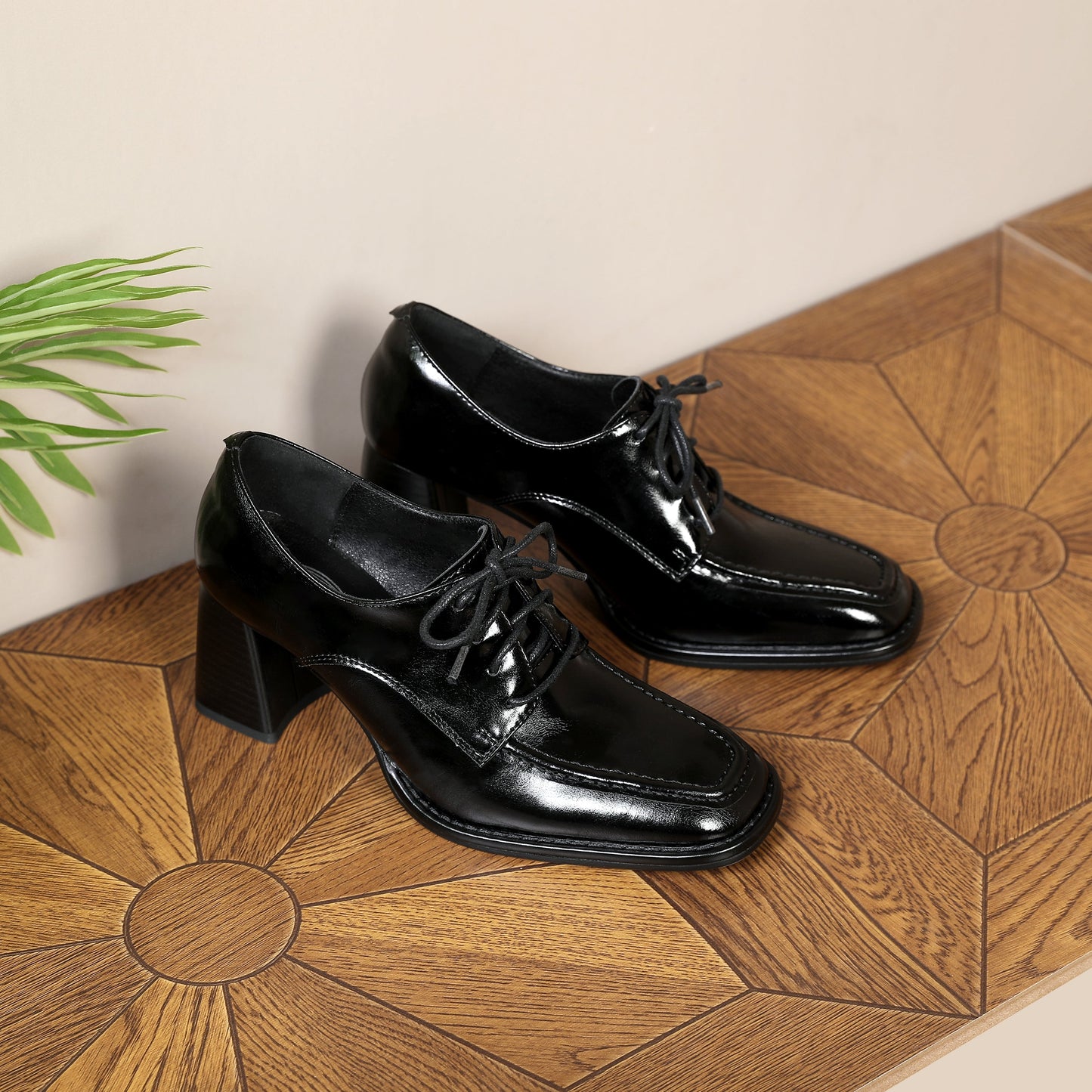 Nine Seven Women's Genuine Leather Handmade Lace Up Mid Chunky Heels Stylish Pumps Shoes