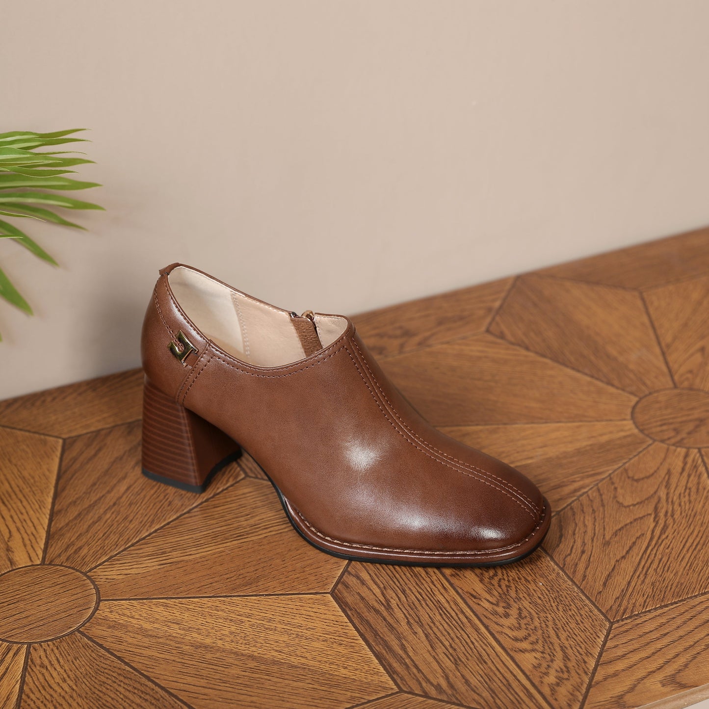 Nine Seven Women's Square Toe Genuine Leather Handmade Side Zipper Mid Chunky Heel Retro Pumps Shoes