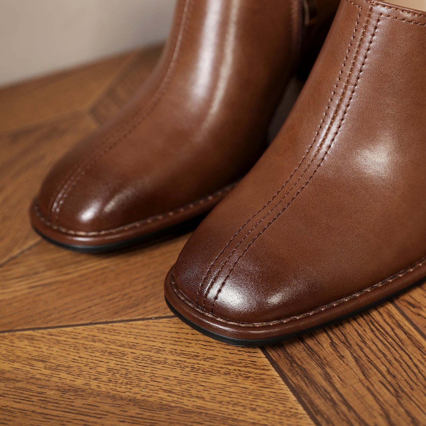 Nine Seven Women's Square Toe Genuine Leather Handmade Side Zipper Mid Chunky Heel Retro Pumps Shoes