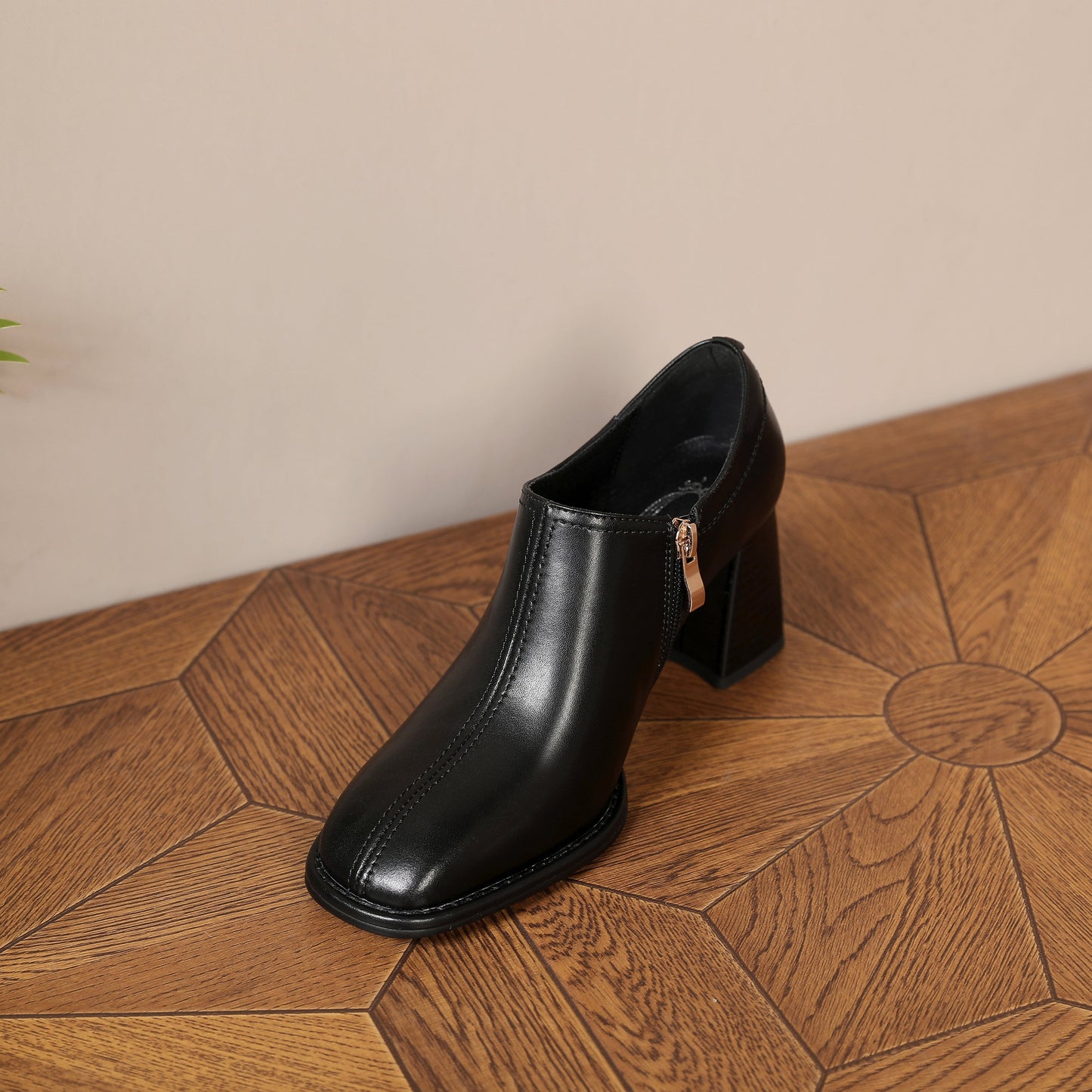 Nine Seven Women's Square Toe Genuine Leather Handmade Side Zipper Mid Chunky Heel Retro Pumps Shoes