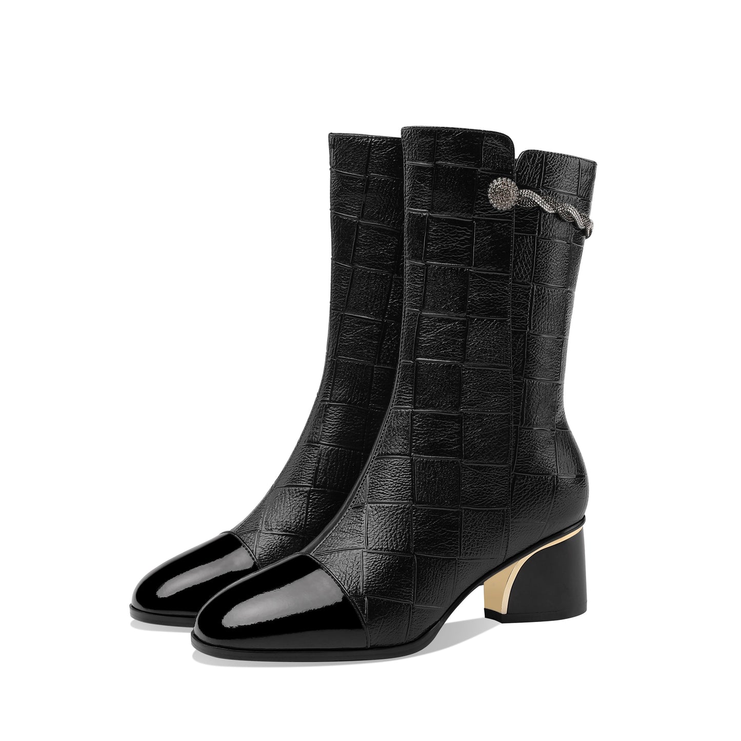 Nine Seven Women's Handmade Leather Side Zip Up Rhinestone Decor Chunky Heel Mid-Calf Boots with Glossy Cap-Toe