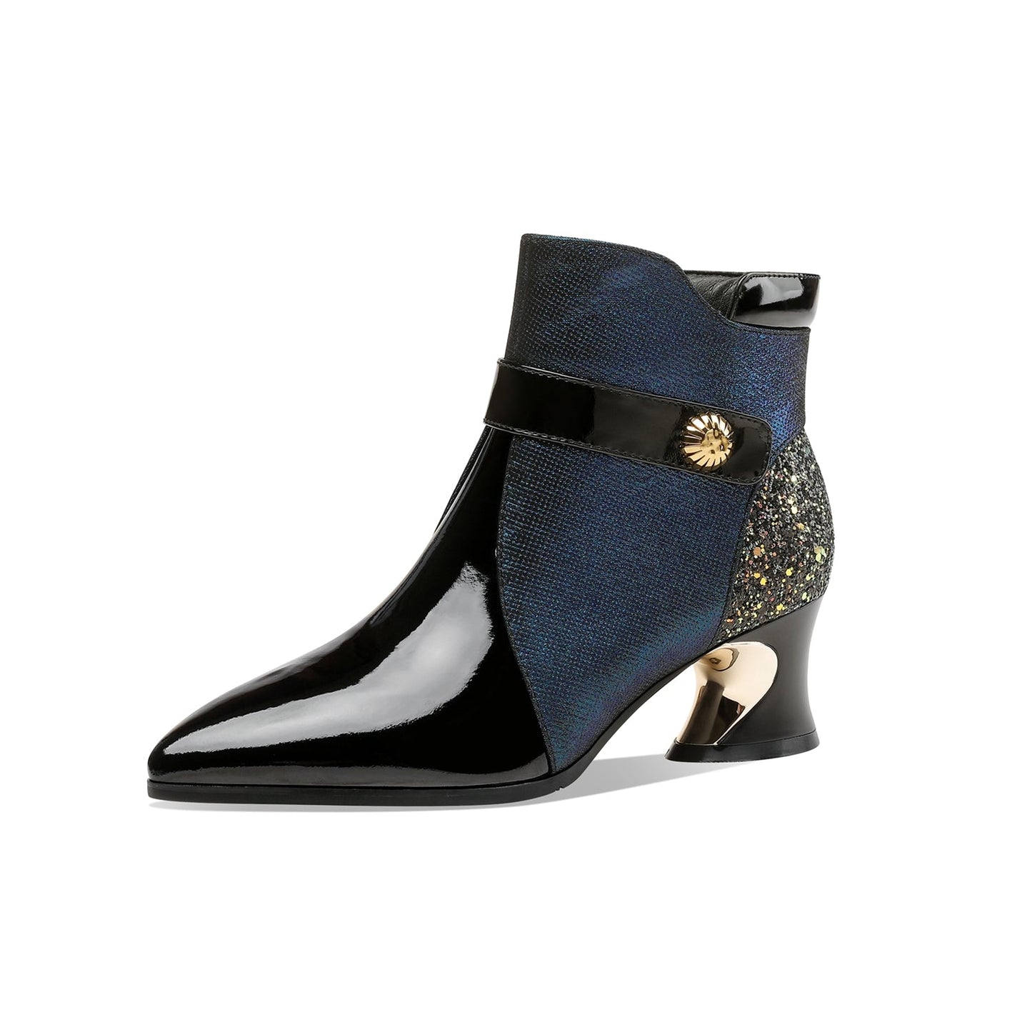 Nine Seven Handmade Women's Glossy Genuine Leather Sexy Stitching Color Side Zipper Pointed Toe Low Chunky Ankle Boots