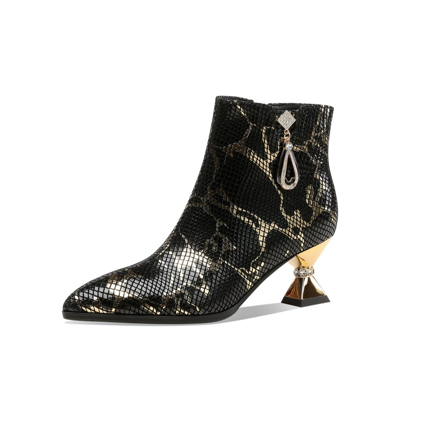 Nine Seven Handmade Women's Assorted Color Genuine Leather Rhinestones Printed Snakeskin Side Zipper Pointed Toe Mid Spool Heel Ankle Boots