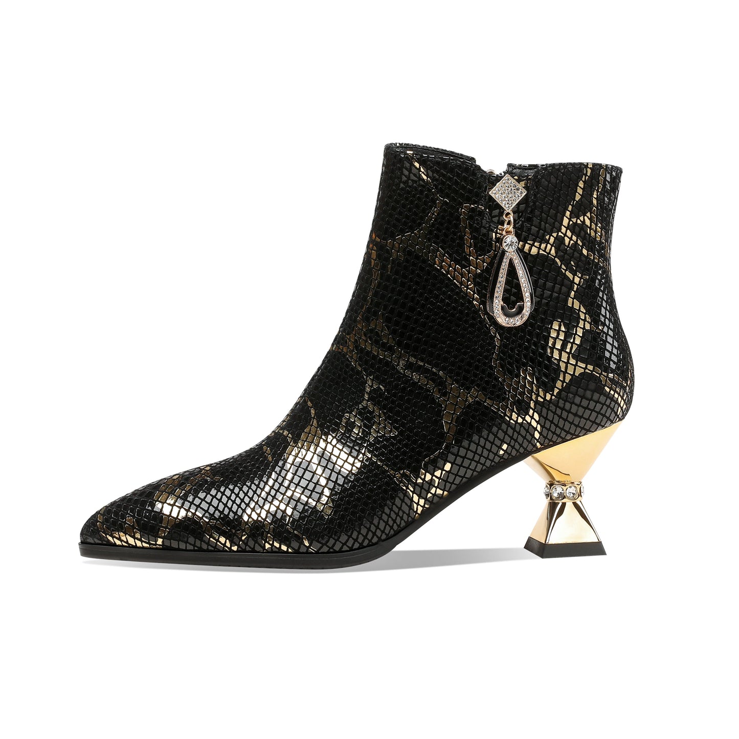 Nine Seven Handmade Women's Assorted Color Genuine Leather Rhinestones Printed Snakeskin Side Zipper Pointed Toe Mid Spool Heel Ankle Boots