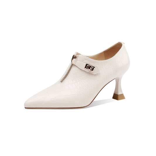 Nine Seven Genuine Leather Women's Handmade Pointed Toe Front Zipper Checkered Oxford Pumps