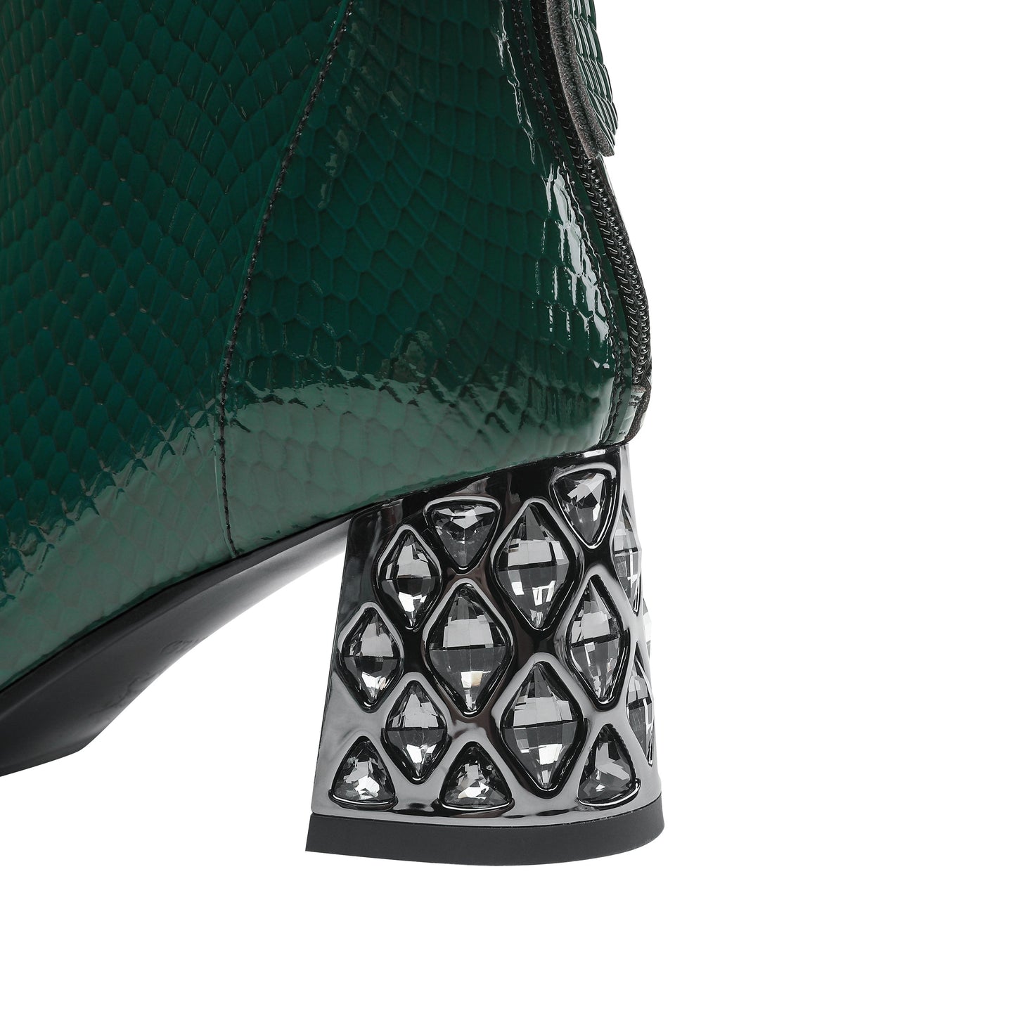 Nine Seven Handmade Women's Patent Leather Front Zipper Pointed Toe Mid Rhinestones Chunky Heel Ankle Boots