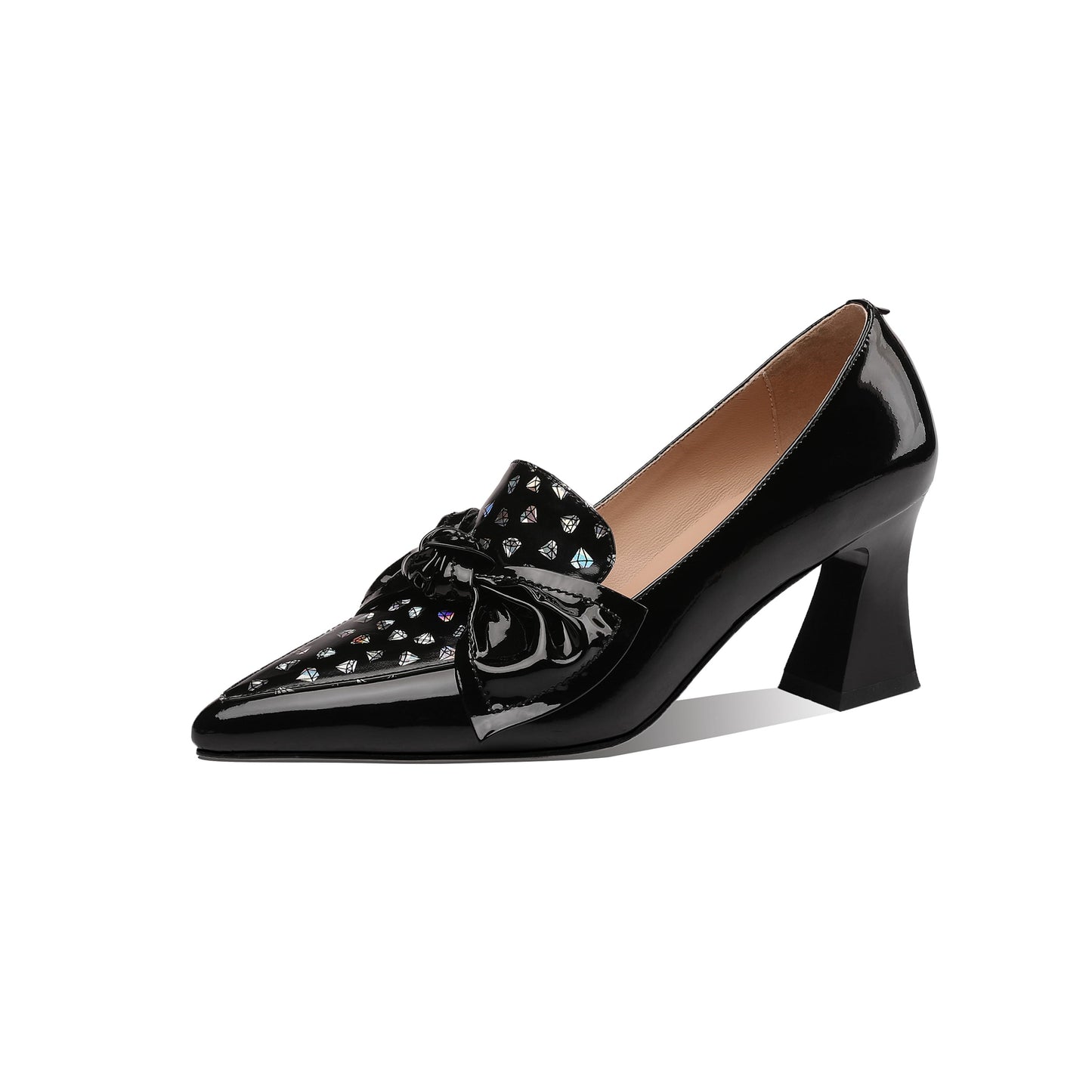 Nine Seven Glossy Patent Leather Women's Handmade Pointed Toe Dots Decor Spool Heel Pumps with Bowknot