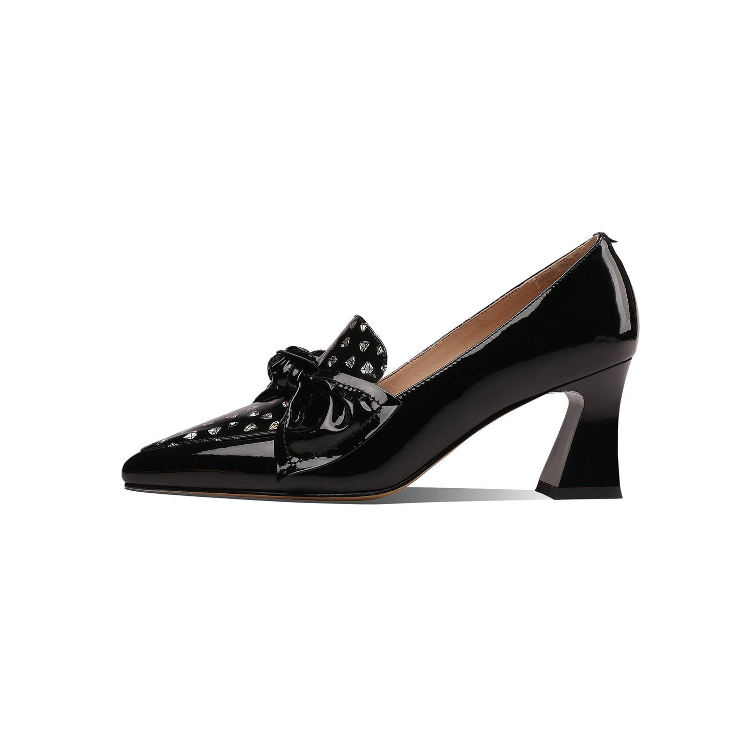 Nine Seven Glossy Patent Leather Women's Handmade Pointed Toe Dots Decor Spool Heel Pumps with Bowknot