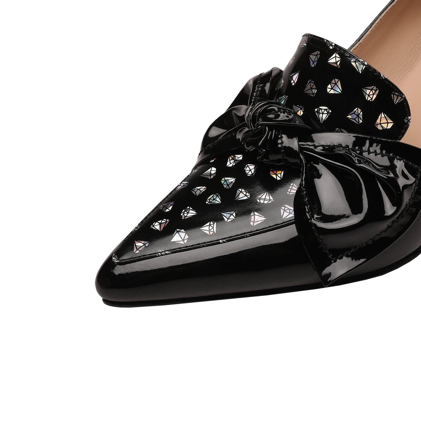 Nine Seven Glossy Patent Leather Women's Handmade Pointed Toe Dots Decor Spool Heel Pumps with Bowknot
