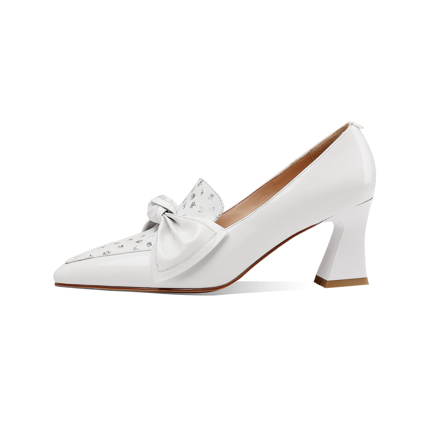 Nine Seven Glossy Patent Leather Women's Handmade Pointed Toe Dots Decor Spool Heel Pumps with Bowknot