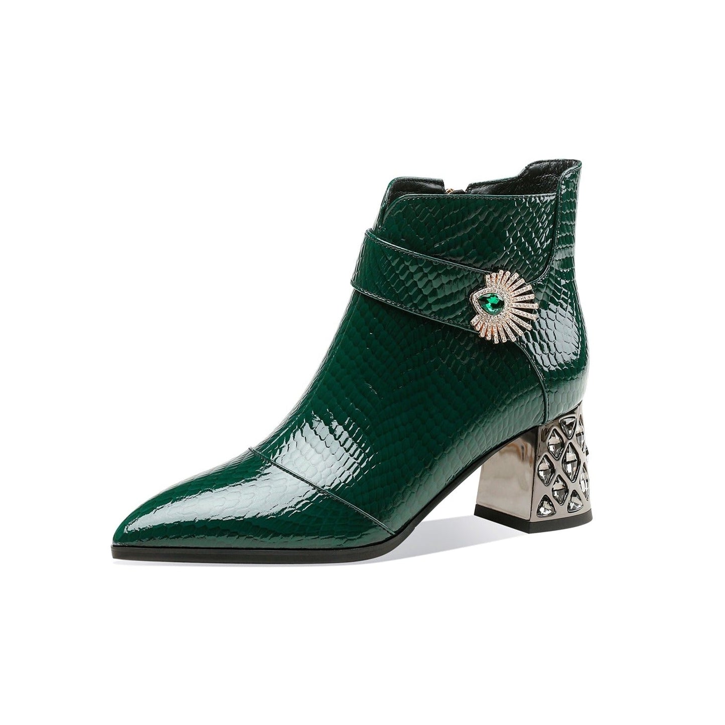 Nine Seven Handmade Women's Patent Leather Side Zipper Pointed Toe Mid Rhinestones Chunky Heel Ankle Boots