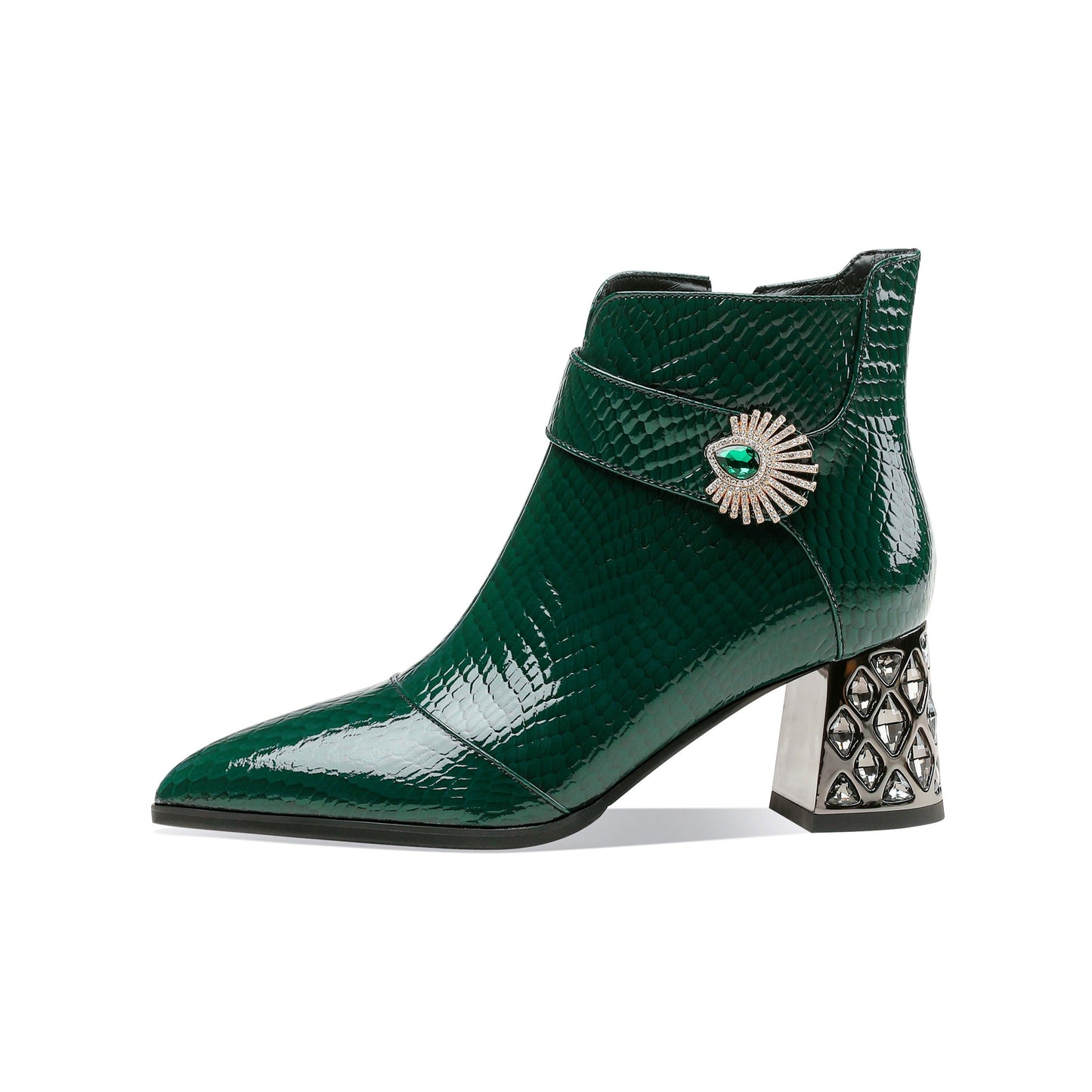 Nine Seven Handmade Women's Patent Leather Side Zipper Pointed Toe Mid Rhinestones Chunky Heel Ankle Boots