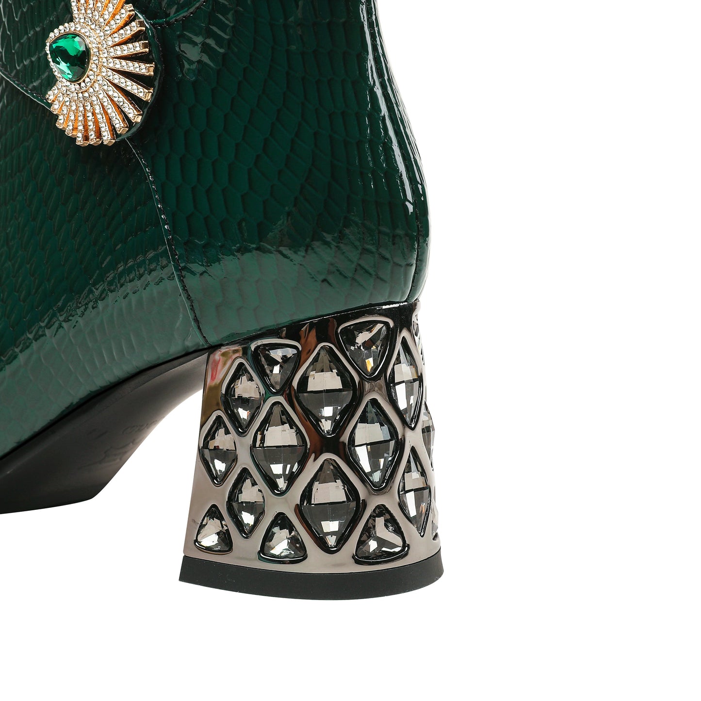 Nine Seven Handmade Women's Patent Leather Side Zipper Pointed Toe Mid Rhinestones Chunky Heel Ankle Boots