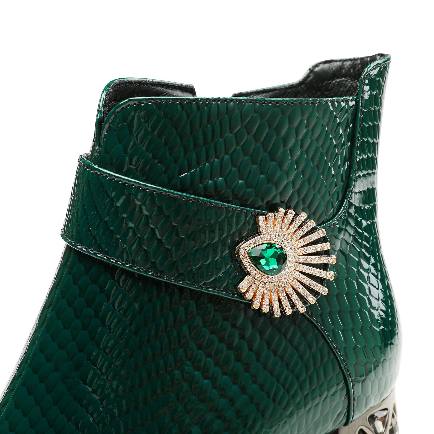 Nine Seven Handmade Women's Patent Leather Side Zipper Pointed Toe Mid Rhinestones Chunky Heel Ankle Boots