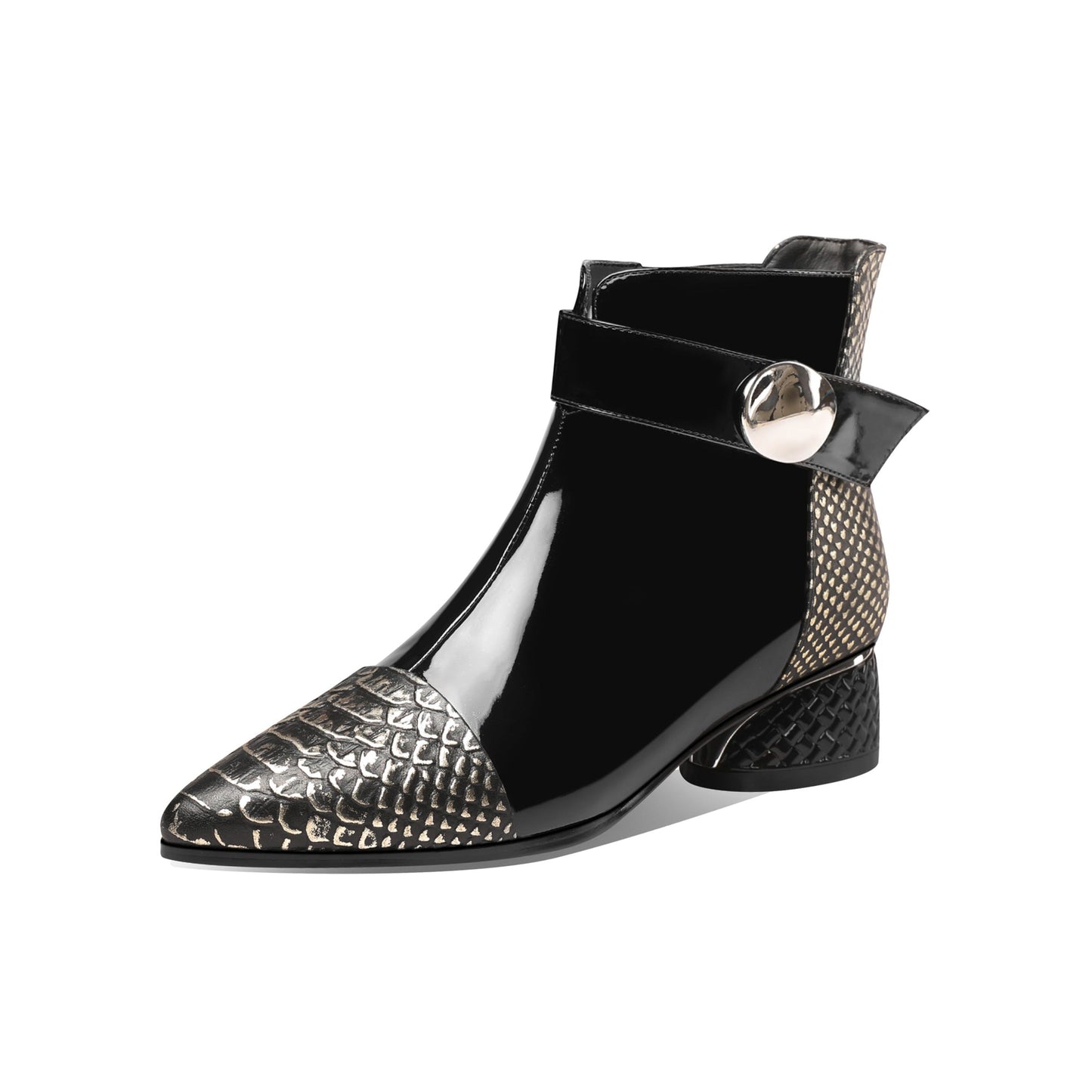 Nine Seven Women's Handmade Patent Leather Chunky Heel Side Zip Up Pointed Toe Belt Design Ankle Dress Booties