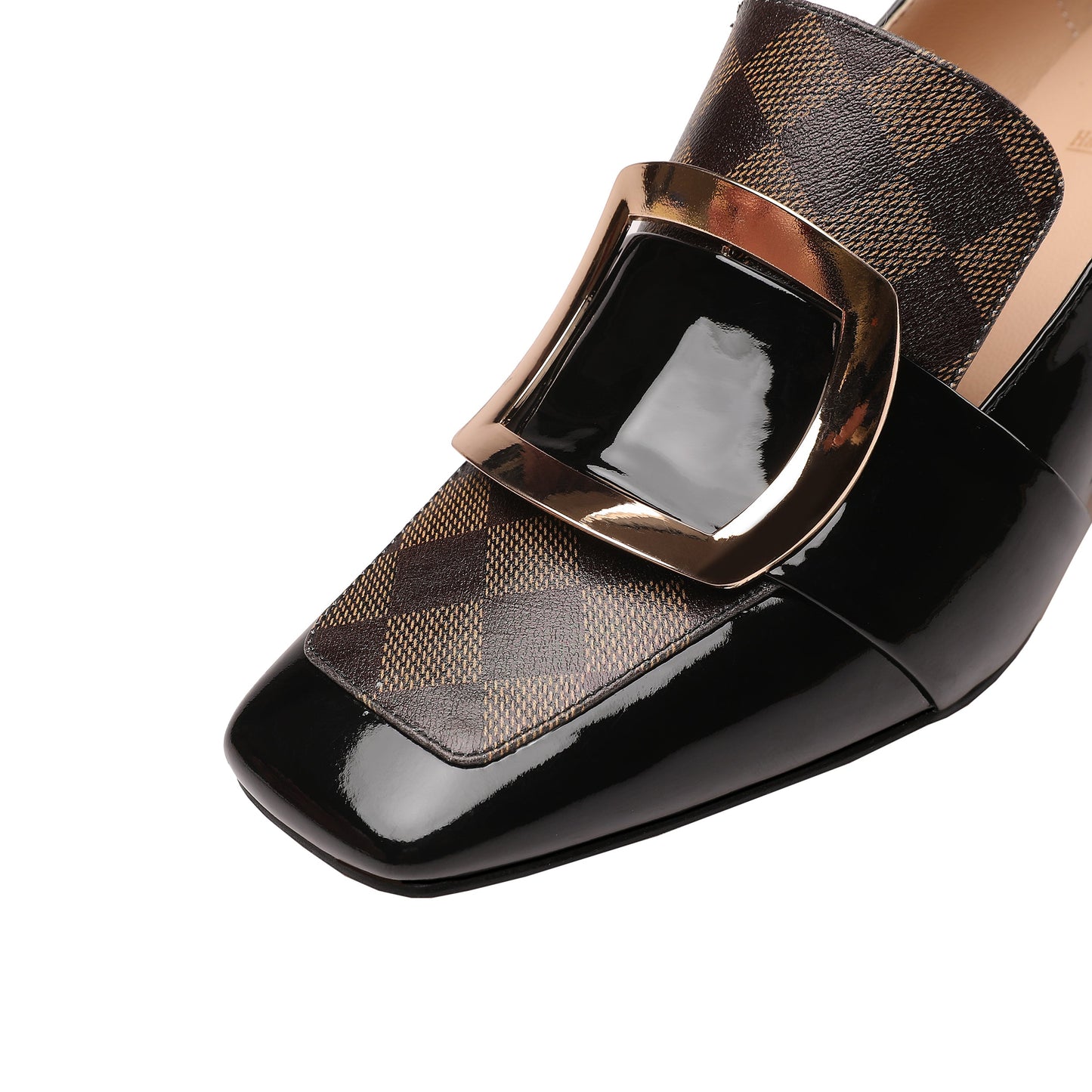 Nine Seven Patent Leather Women's Handmade Metal Square Pattern Design Classic Chunky Heel Loafer Pumps