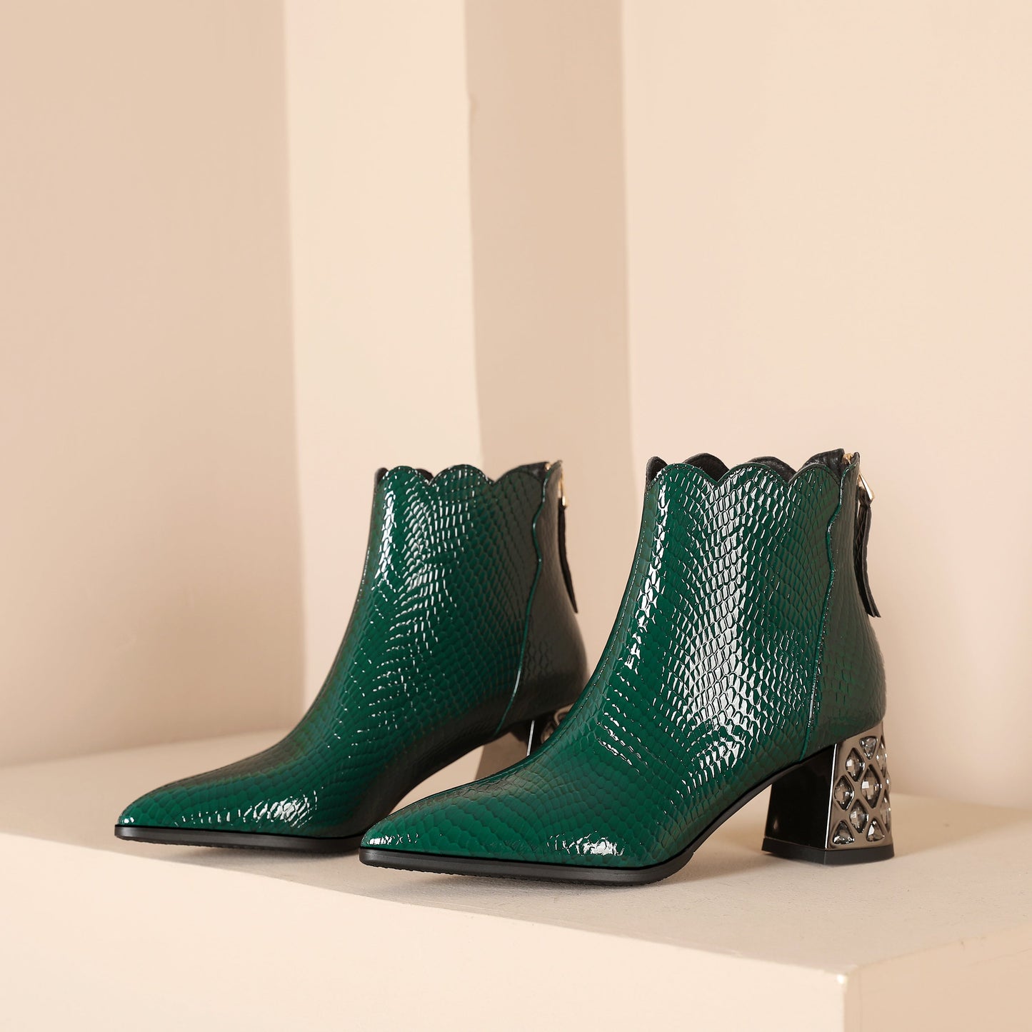 Nine Seven Handmade Women's Patent Leather Front Zipper Pointed Toe Mid Rhinestones Chunky Heel Ankle Boots