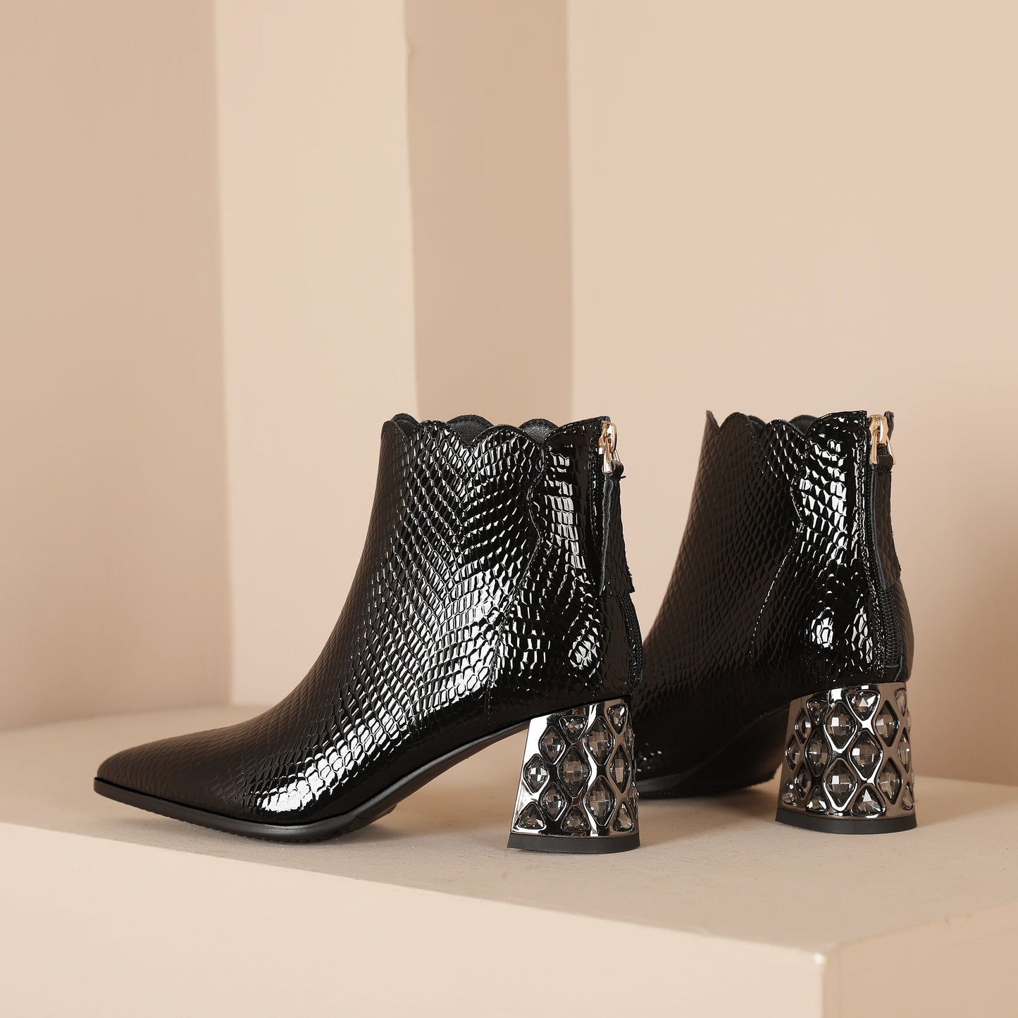 Nine Seven Handmade Women's Patent Leather Front Zipper Pointed Toe Mid Rhinestones Chunky Heel Ankle Boots