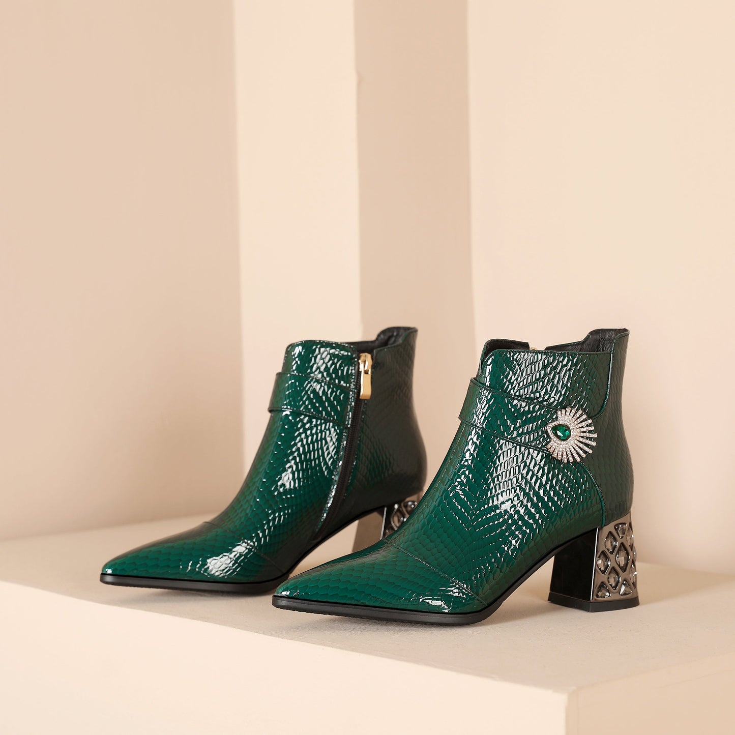 Nine Seven Handmade Women's Patent Leather Side Zipper Pointed Toe Mid Rhinestones Chunky Heel Ankle Boots