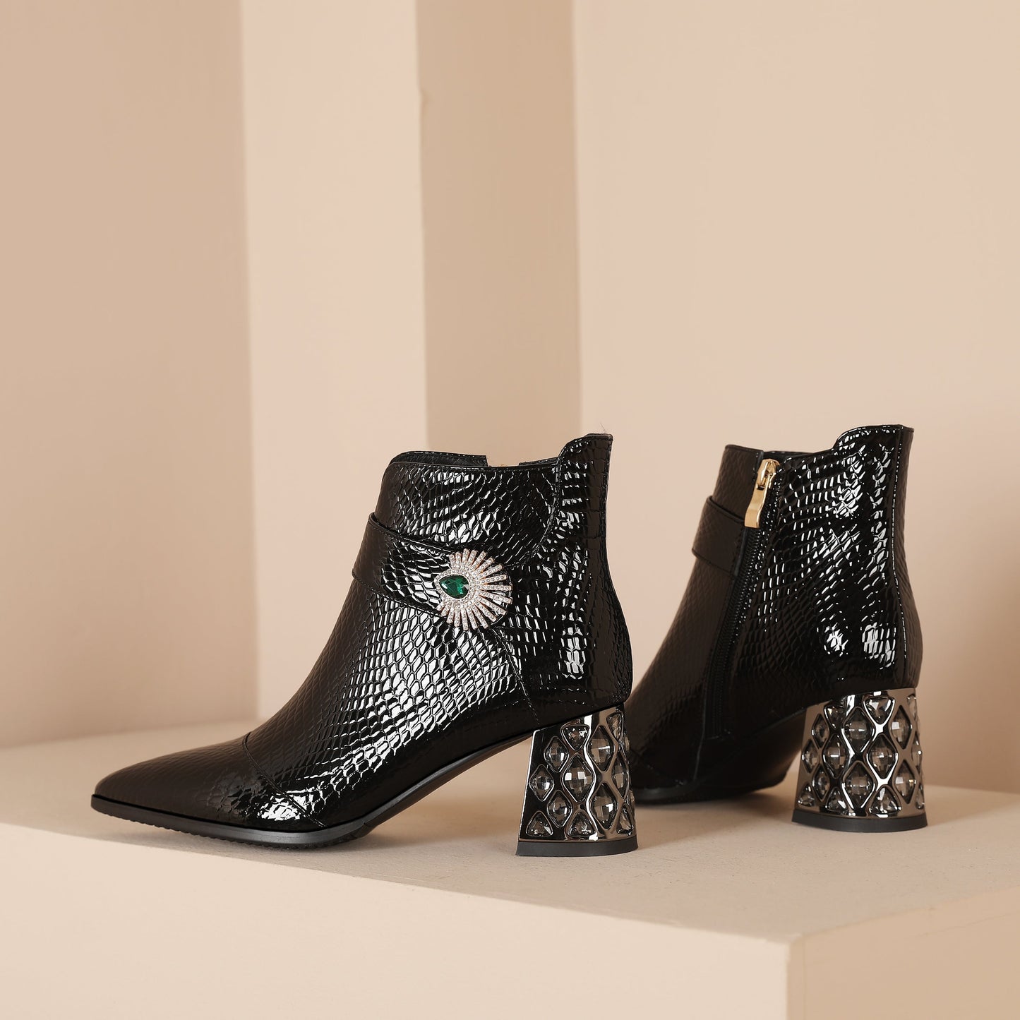 Nine Seven Handmade Women's Patent Leather Side Zipper Pointed Toe Mid Rhinestones Chunky Heel Ankle Boots