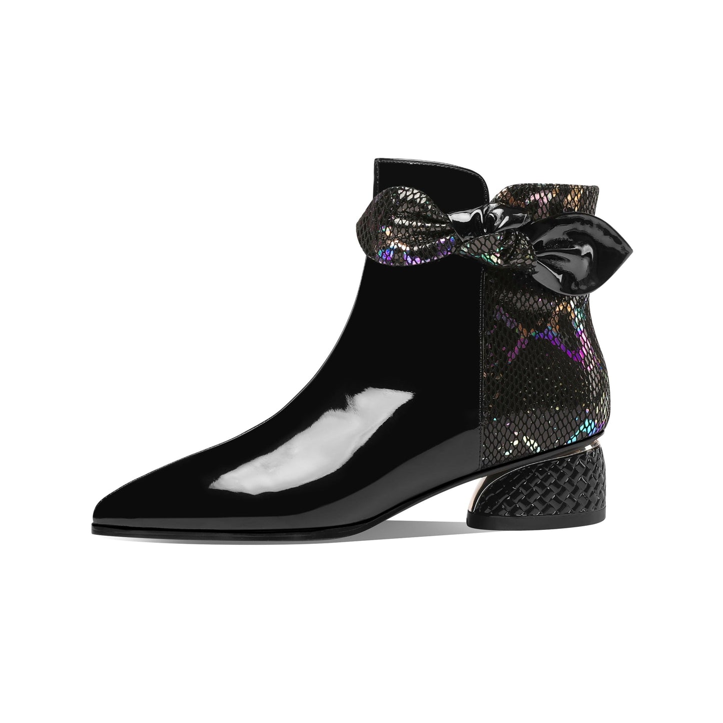 Nine Seven Women's Handmade Glossy Patent Leather Side Zip Up Block Heel Mesh Hollow Bowknot Design Ankle Booties