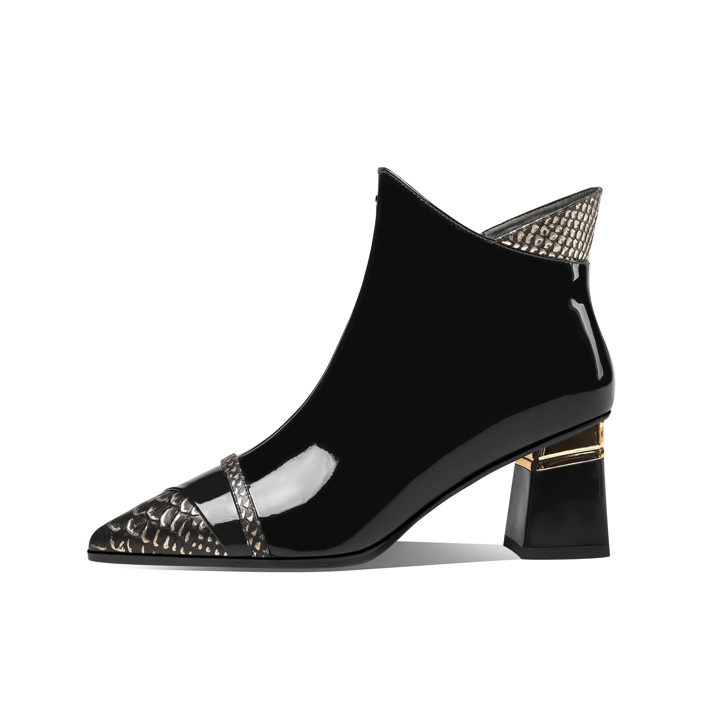 Nine Seven Glossy Patent Leather Women's Handmade Block Heel Pointed Toe Side Zip Up Snakeskin Ankle Dressy Boots