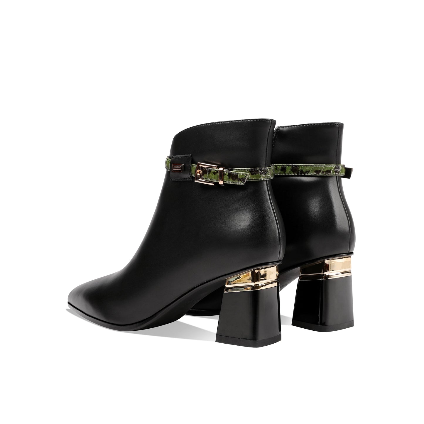 Nine Seven Genuine Leather Women's Handmade Side Zip Up Green Belt Design Chunky Heel Black Ankle Booties