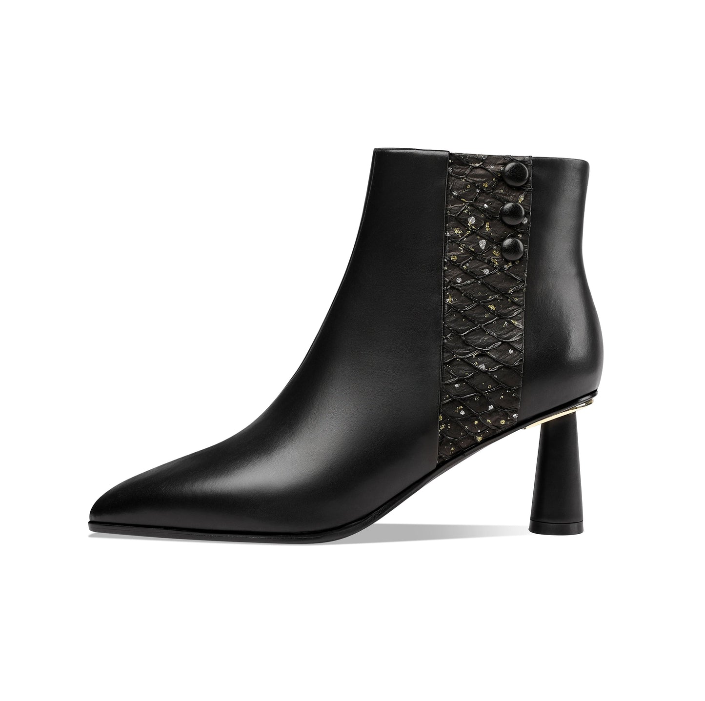 Nine Seven Women's Genuine Leather Handmade Side Zip Up Elegant Cone Heel Button Decor Black Ankle Boots