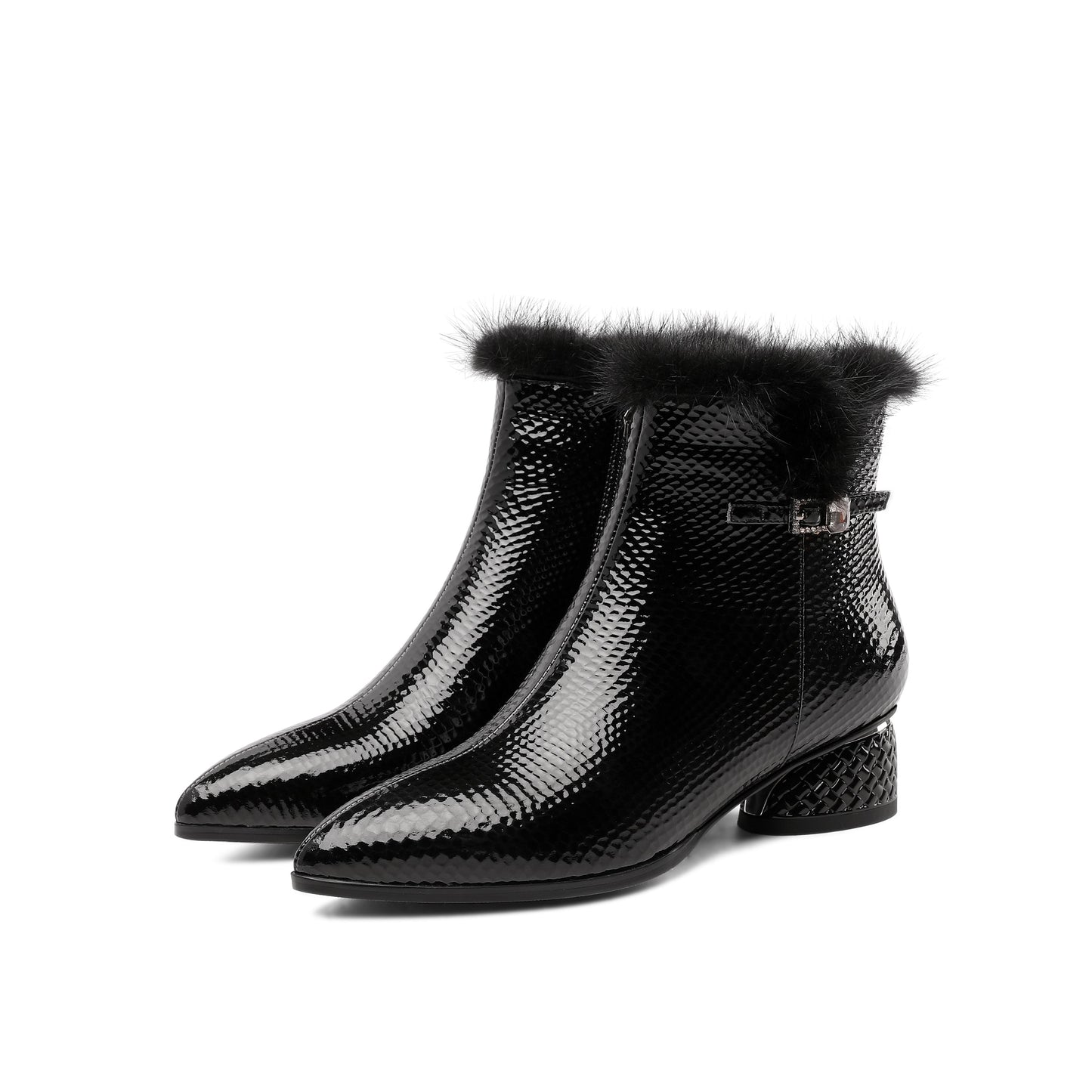 Nine Seven Women's Patent Leather Handmade Side Zip Up Block Heel Black Ankle Booties with Fur and Glitter Buckle Decor