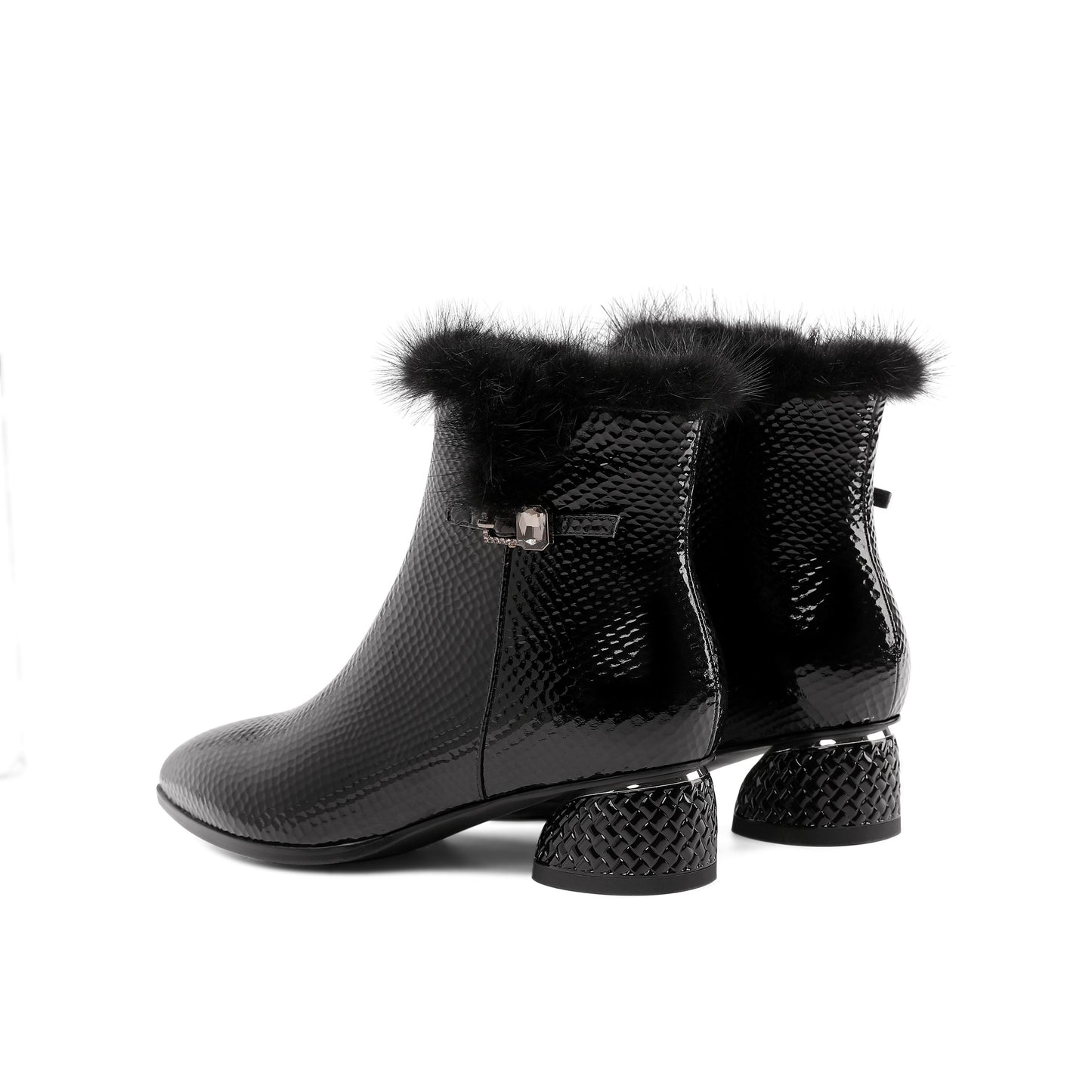 Nine Seven Women's Patent Leather Handmade Side Zip Up Block Heel Black Ankle Booties with Fur and Glitter Buckle Decor