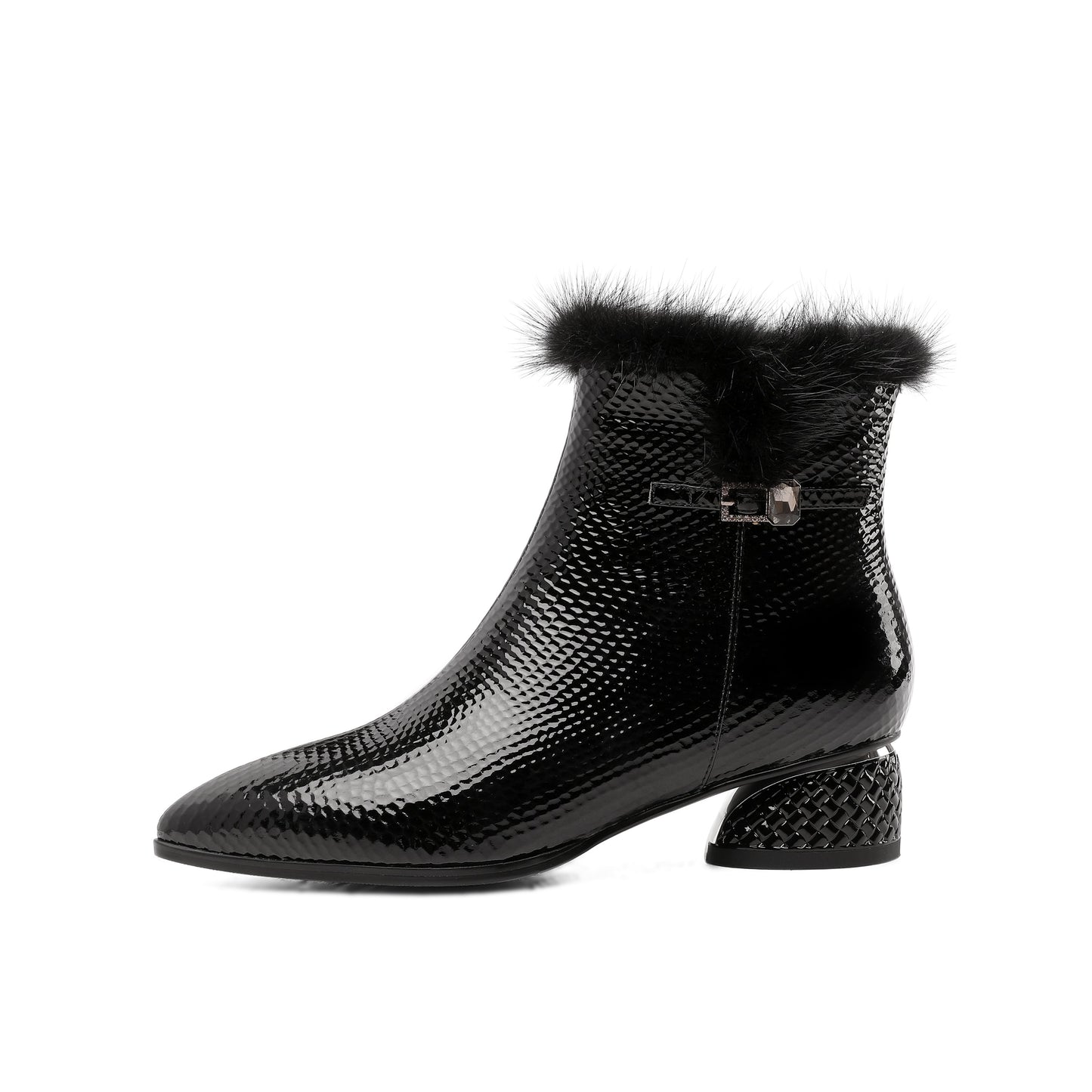 Nine Seven Women's Patent Leather Handmade Side Zip Up Block Heel Black Ankle Booties with Fur and Glitter Buckle Decor