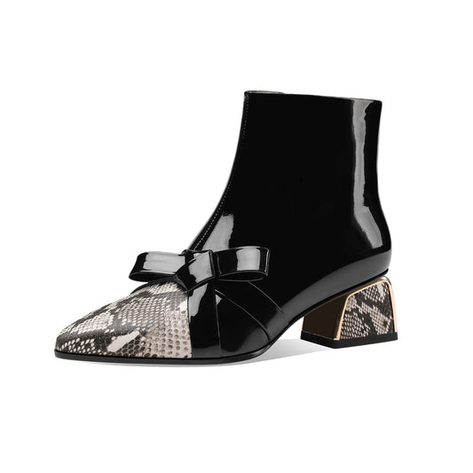 Nine Seven Women's Handmade Glossy Patent Leather Side Zip Up Comfort Chunky Heel Bowknot Design Snakeskin Ankle Booties