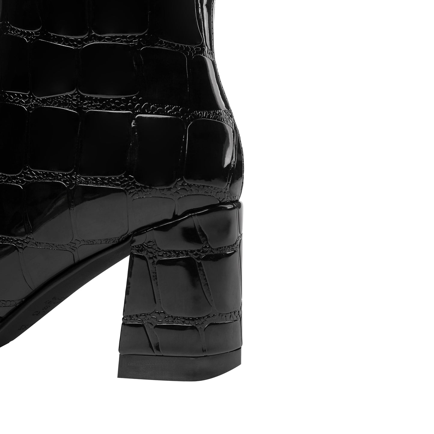 Nine Seven Handmade Women's Patent Leather Pointed Toe Side Zip Up Block Heel Classic Black Knee High Boots with Chic Buckle