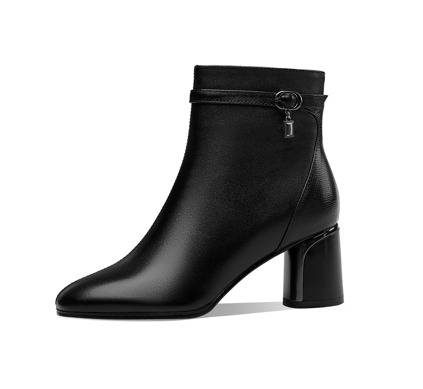 Nine Seven Handmade Women's Genuine Leather Ankle Belt Pointed Toe Side Zipper Mid Chunky Heel Ankle Boots