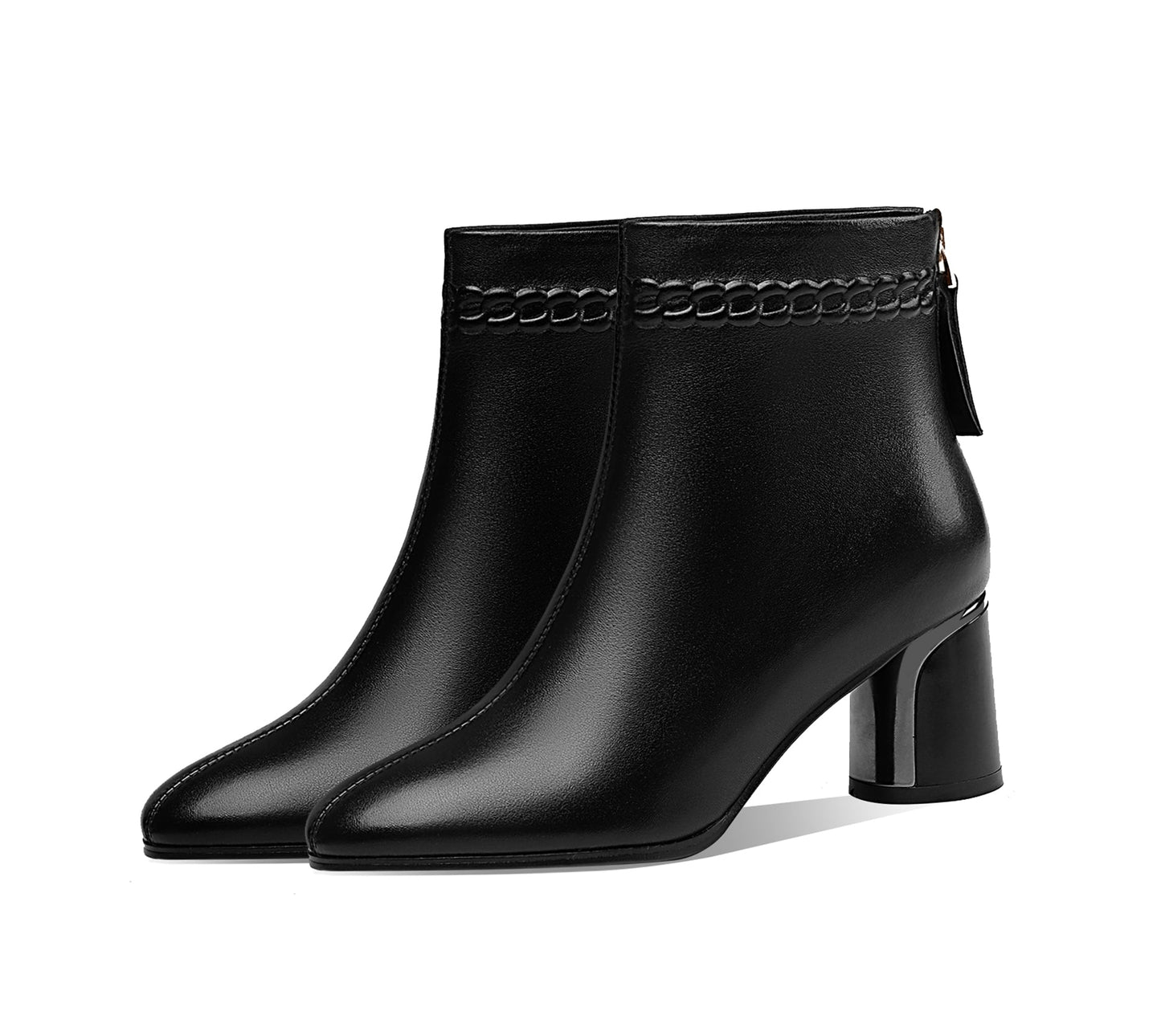 Nine Seven Handmade Women's Genuine Leather Pointed Toe Back Zipper Mid Chunky Heel Ankle Boots